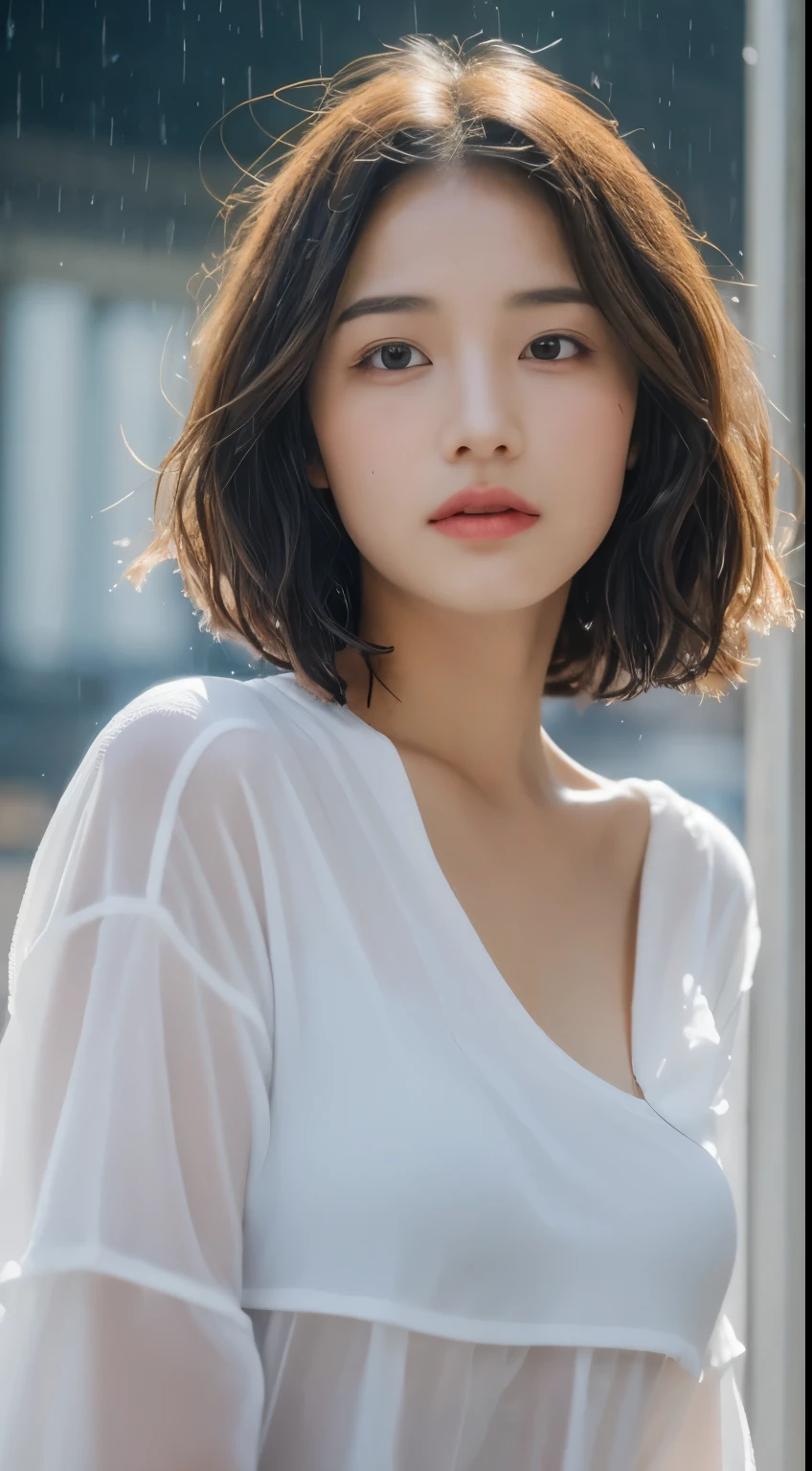 ((Best Quality, 8k, Masterpiece:1.3)), Focus:1.2, Perfect Body Beauty:1.4, Buttocks:1.2, ((Layered Haircut, Breasts:1.2)), (Wet Clothes:1.1) , (Rain, Street:1.3), Bandeau Dress: 1.1, Highly Detailed Face and Skin Texture, Fine Eyes, Double Eyelids, Whitened Skin, Long Hair, (Shut Up: 1.3), LiuYaSe
