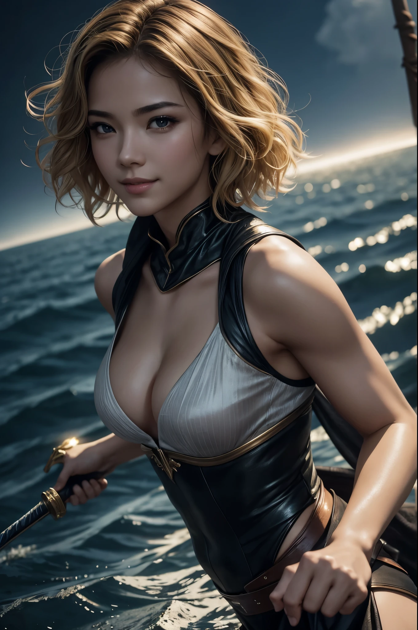 8K,A female assassin running in the night,Super beautiful(like the real thing),黒と赤の暗殺者のsexyなビキニ,adult woman,golden short perm hair,sexy,masterpiece,Photorealistic RAW photos of the highest quality。bright colors,rich colors, Backlight, cinematic lighting, film grain, to be born, 50MM lens, Nikon D850,super realistic skin,fantasy art,character art,ultra high resolution,realistic scale skin,Perfect hand shape,view audience,smile,beautiful expression,Close-up,owns a short sword,In the lake,short blonde perm hair,muscular slim body,Makeup,overlooking perspective,