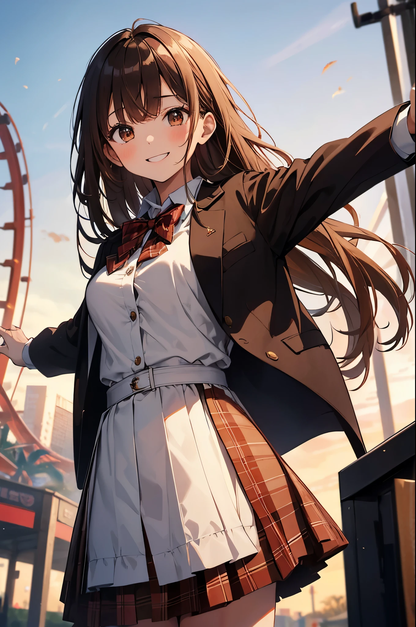 masterpiece, highest quality, High resolution, 1 girl, brown hair, long hair, bangs, brown eyes, medium breasts,  white shirt, black skirt, plaid skirt, smile, amusement park，expose the vagina，Without cover, No underwear,  No underwear，