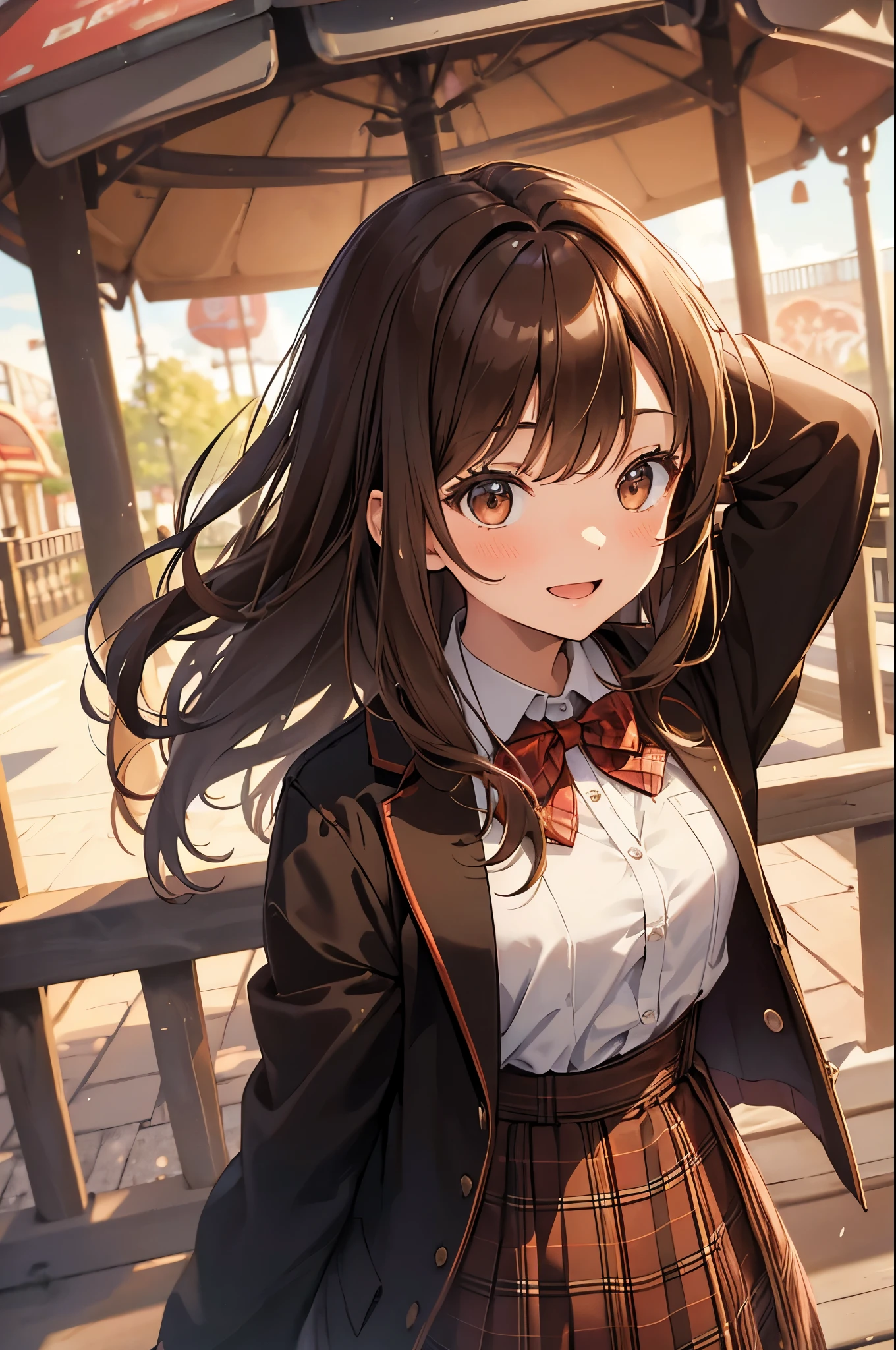 masterpiece, highest quality, High resolution, 1 girl, brown hair, long hair, bangs, brown eyes, medium breasts, red bow tie, , black jacket, open jacket, brown cardigan, white shirt, black skirt, plaid skirt, smile, open your mouth, turn your arms behind your back, leaning forward, amusement park,