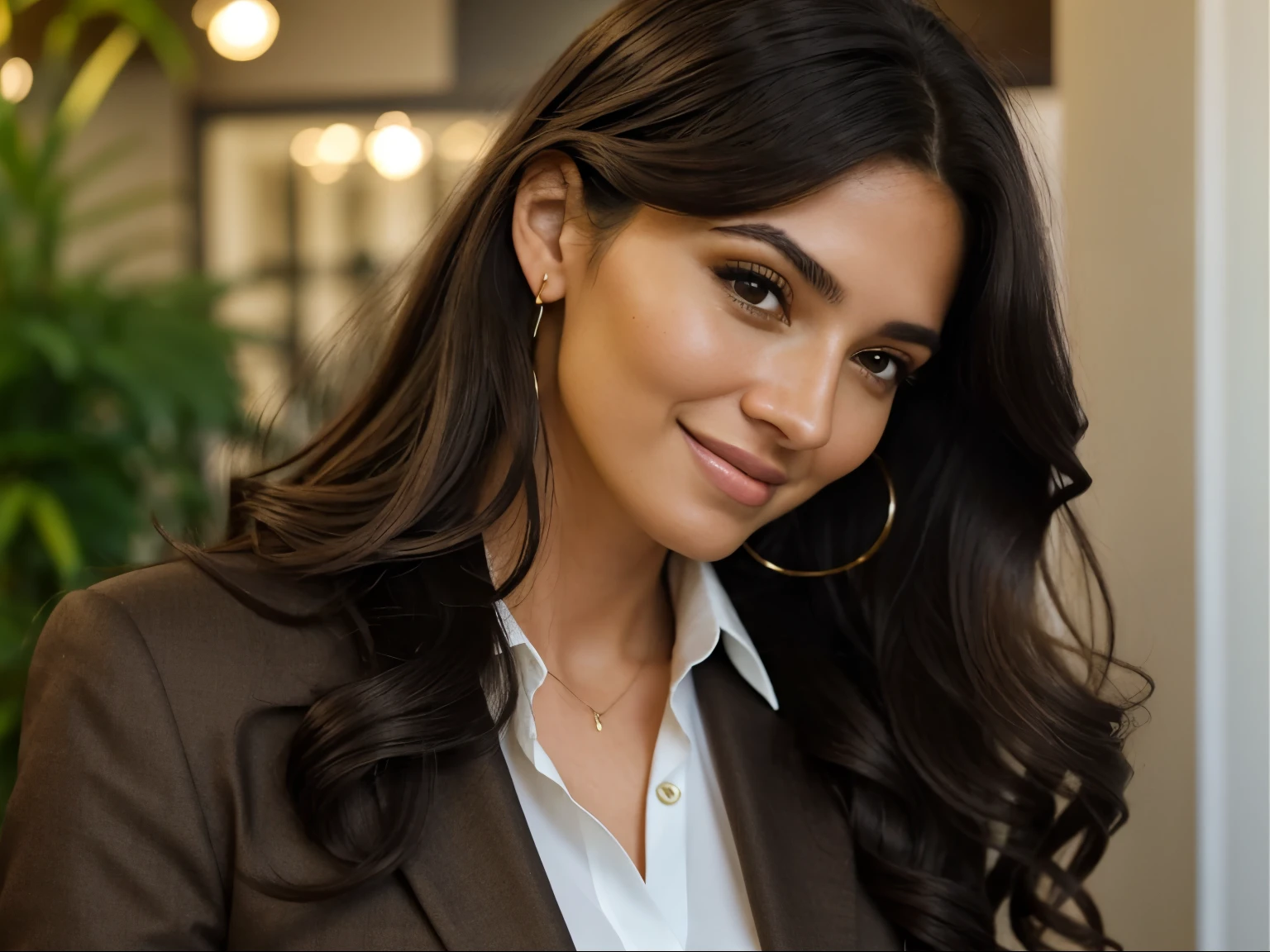 1 adult woman, long hair, curly hair, dark hair color, Smooth skin, black eyes, smile, vegetation, Random, Business woman style clothing, Light brown jacket, realist, with experience working in a fashion restaurant, 8k super realist, super detalhado e realist, Beautiful cheekbones, sexy face