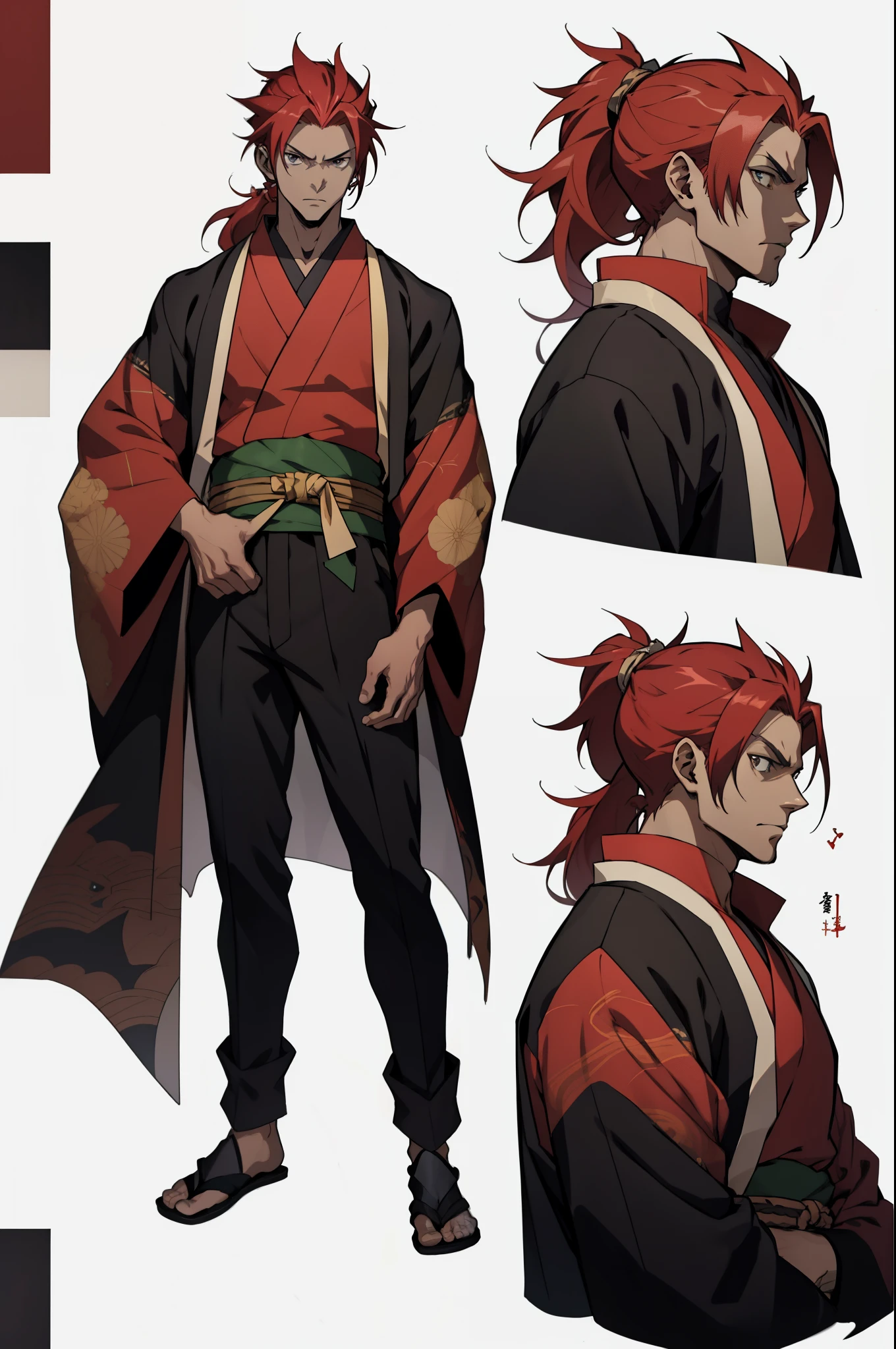 a drawing of a man with (Black Hiar) with a ponytail, handsome guy in demon slayer art, anime character design, detailed anime character art, male character design, anime style character, male anime character, best anime character design, [ character design ], demon slayer rui fanart, anime character art, anime character, male anime style, detailed character design, Full Color Kimono Gold and Blod red