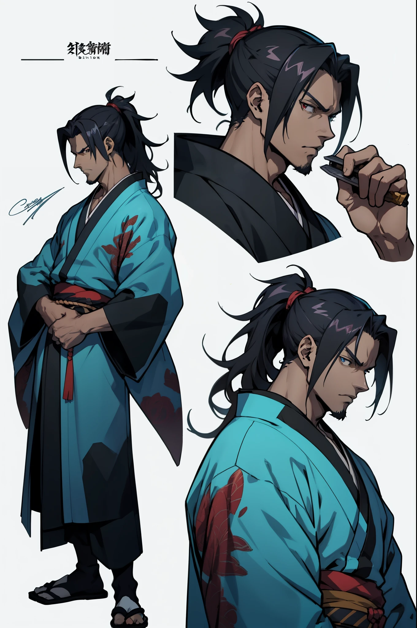 a drawing of a man with (Black Hiar) with a ponytail, handsome guy in demon slayer art, anime character design, detailed anime character art, male character design, anime style character, male anime character, best anime character design, [ character design ], demon slayer rui fanart, anime character art, anime character, male anime style, detailed character design, Full Color Kimono Gold and Blod red