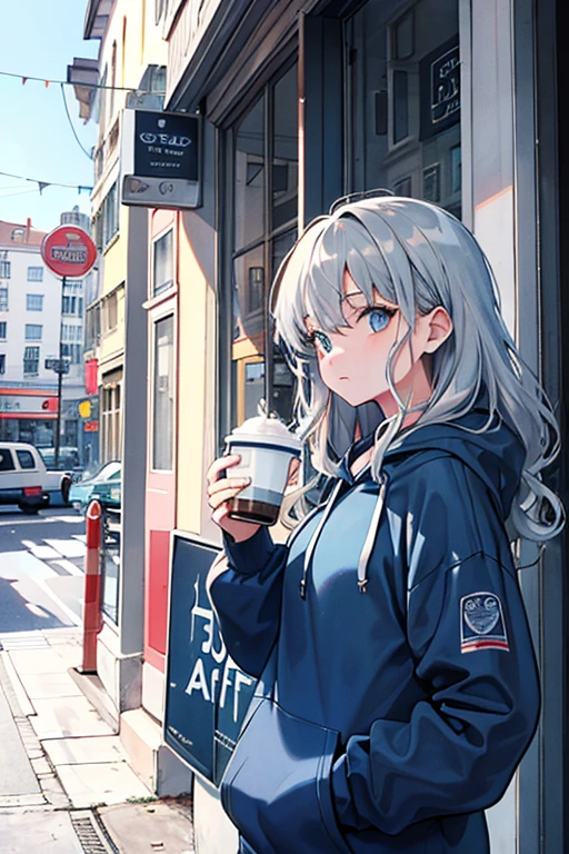 wavy hair, grey hair, blue eyes, hoodie, standing, Questioning/Confused, Fair skin, outdoors, cafe, looking at viewer, 1990s (style), --niji 5 --ar 2:3