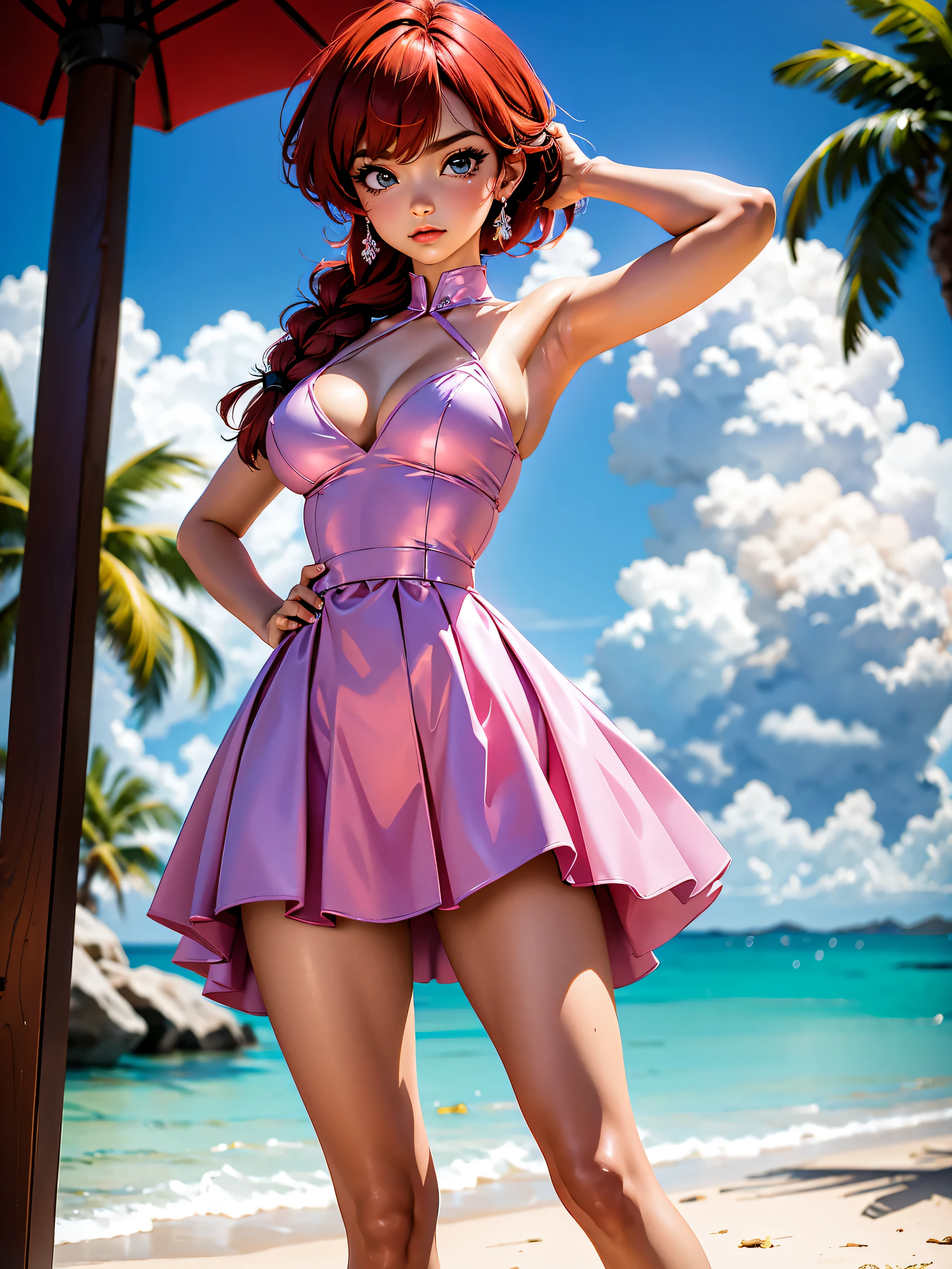 Garota anime ruiva com vestido longo pink e purple de casamento com corselet, saia, , corpo bonito, seios grandes, with hands behind head, running your hands through your hair, Garota sexy, red short hair with braid, mechas de cabelo laterais, mechas de cabelo na lateral do rosto, beautiful lighting, sombras suaves, olhos azuis, pernas bonitas, short hair with braid, estilo anime, Ranma Chan, Autora Rumiko Takahashi, Baseado em obra de Rumiko Takahashi, Anime Ranma 1/ 2, decote sexy, quadril robusto, corpo inteiro, corpo inteiro, busto grande, garota jovem com corpo belo e bonito, sandals on his feet, garota 16 anosbaixa estatura, usando vestido longo pink e purple, garota anime, estilo anime, beautiful feet in sandals, 0° front viewing angle, ao ar livre, red hair braid