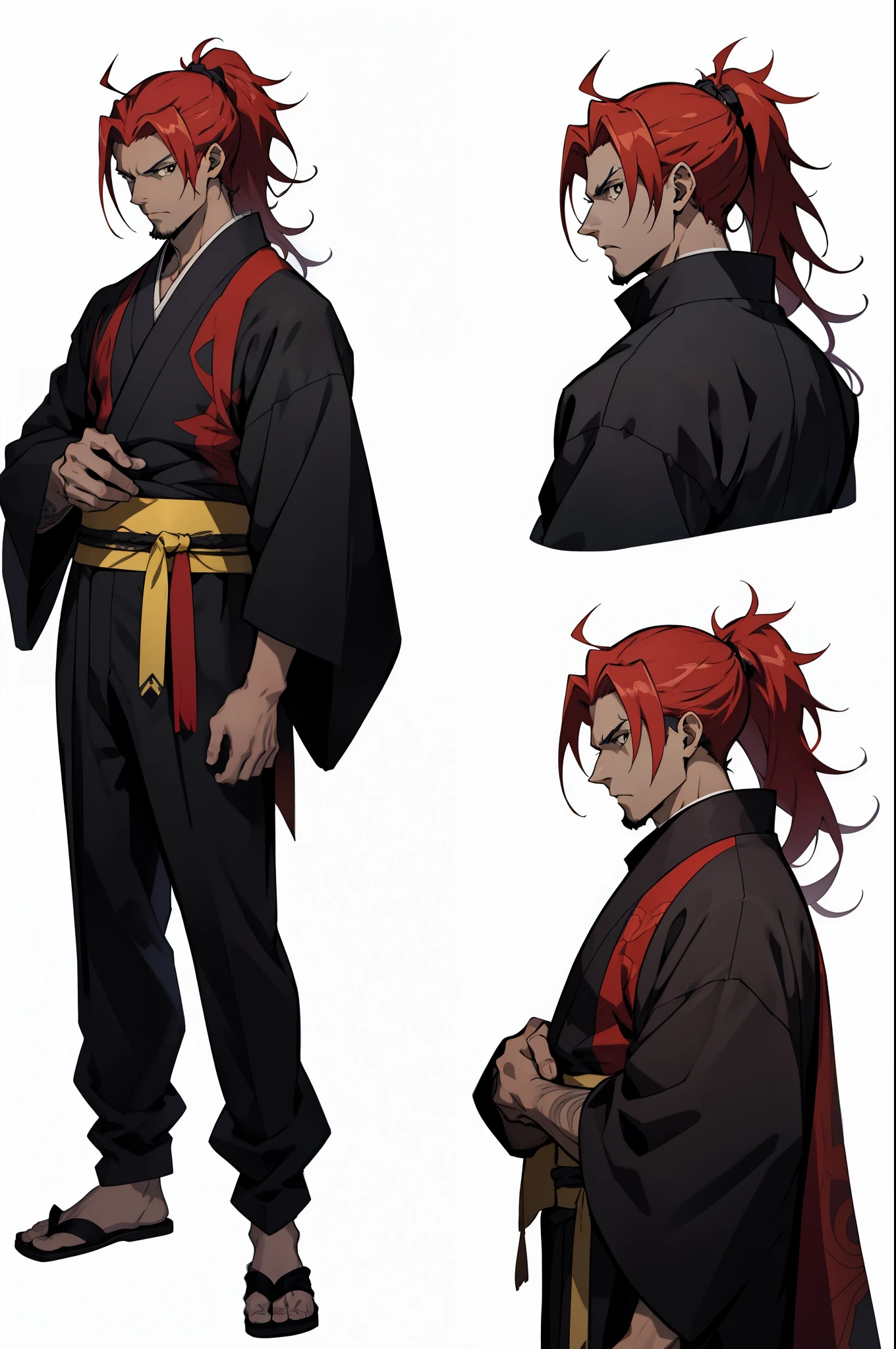 a drawing of a man with (Black Hiar) with a ponytail, handsome guy in demon slayer art, anime character design, detailed anime character art, male character design, anime style character, male anime character, best anime character design, [ character design ], demon slayer rui fanart, anime character art, anime character, male anime style, detailed character design, Full Color Kimono Gold and Blod red