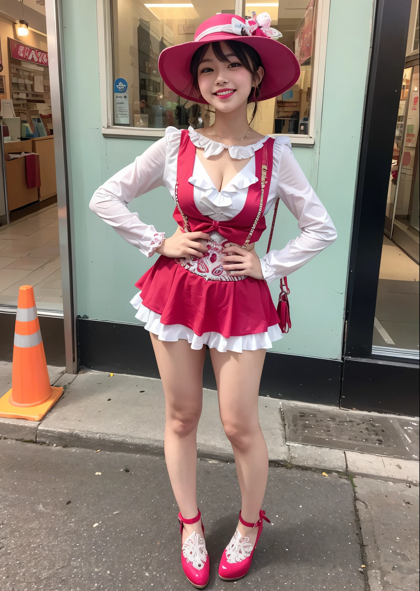 Street performer girl dressed as a clown、Clown makeup、cute gesture、smile、Full body shot、(((masterpiece))), (((highest quality))), ((intricate details)), ((surreal))、best lighting