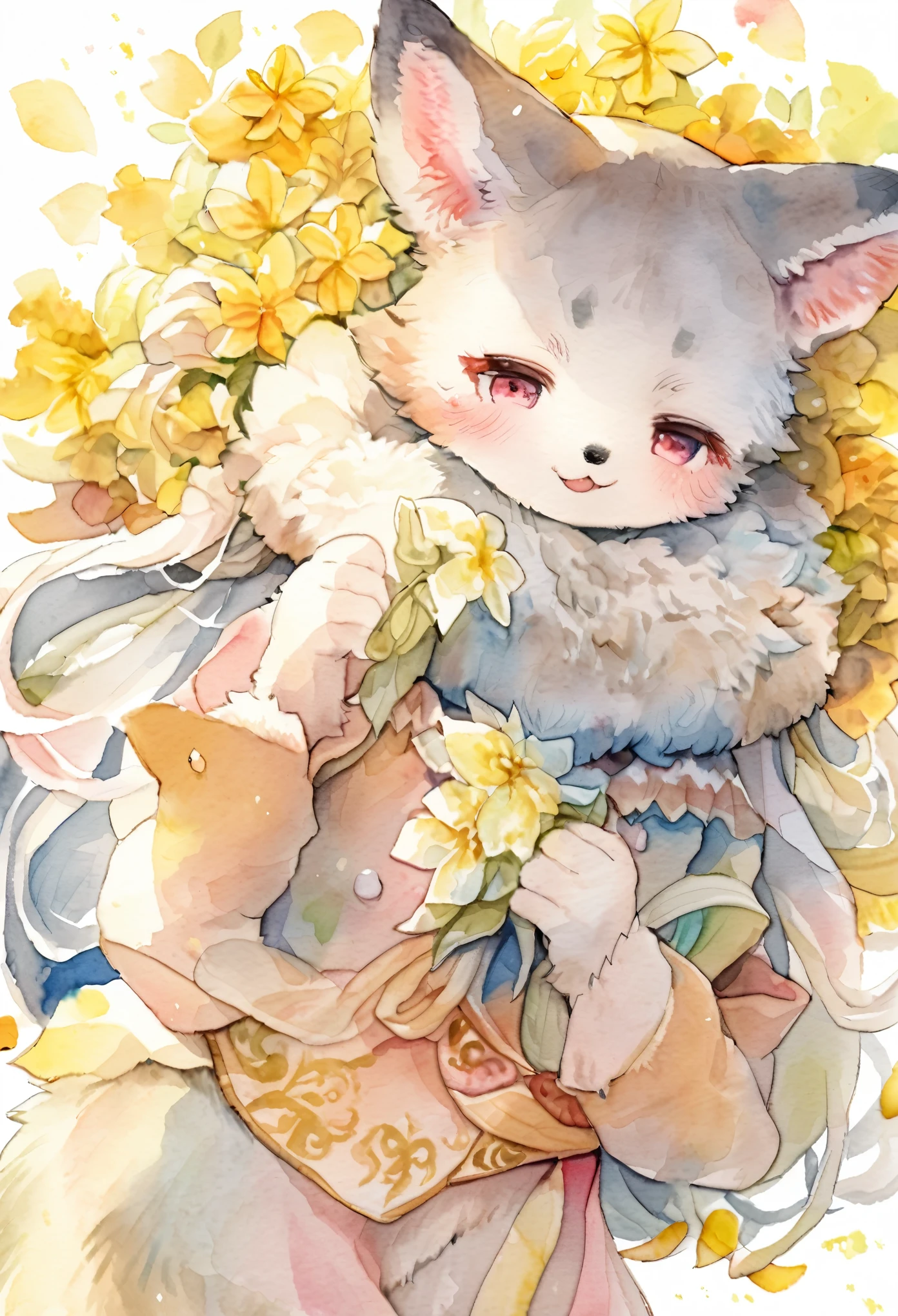 Watercolor elements, 1girl, kemono, furry, detailed body fur, animal face, animal hand, unfocused spread of gold flower, 