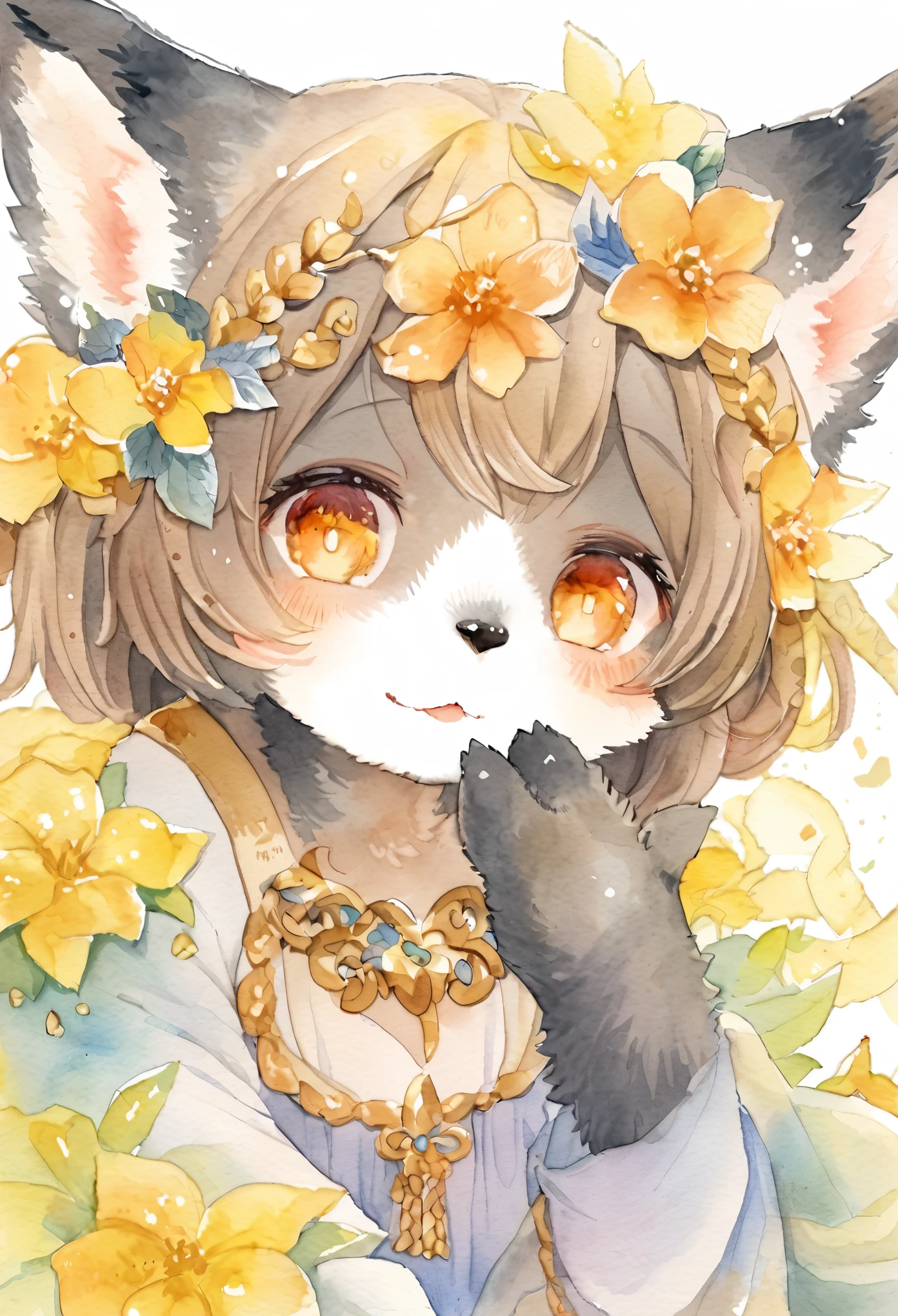 Watercolor elements, 1girl, kemono, furry, detailed body fur, animal face, animal hand, unfocused spread of gold flower,