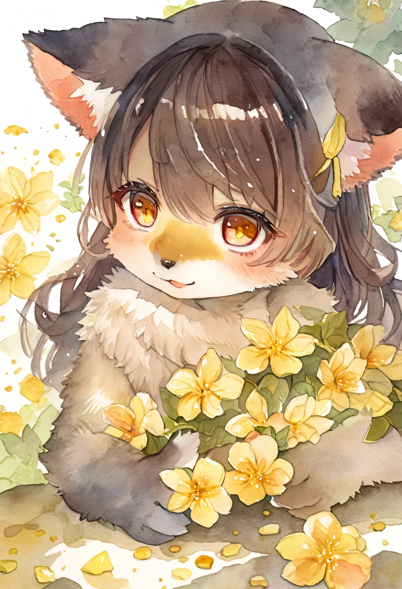 Watercolor elements, 1girl, kemono, furry, detailed body fur, animal face, animal hand, unfocused spread of gold flower,