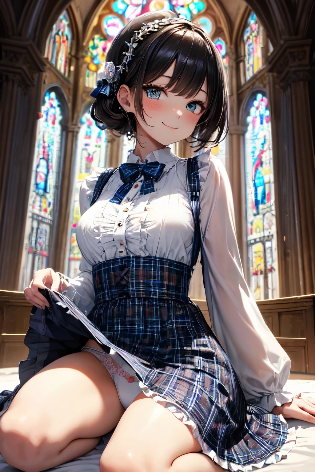 very cute and beautiful girl,(highly detailed beautiful face and eyes), (smile),blush,black hair,cowboy shot,looking at viewer,kneeling, (elegant blue plaid ta dress with detailed frills),detailed lace,(skirt lift,white panties), altar,church,indoors, (best quality,masterpiece:1.0),absurdres,highres,ultra-detailed,extremely detailed,32k,8k resolution, intricate details,cinematic scene,detailed background,solo,dynamic angle,perfect hands,