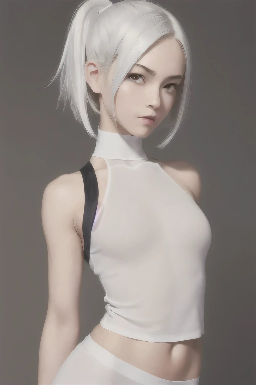 Best quality, ultra high resolution, Photorealistic, SFV,
1 girl, I look at the viewer, upper body, slim, , silver hair, white croptop,
Gray background,
