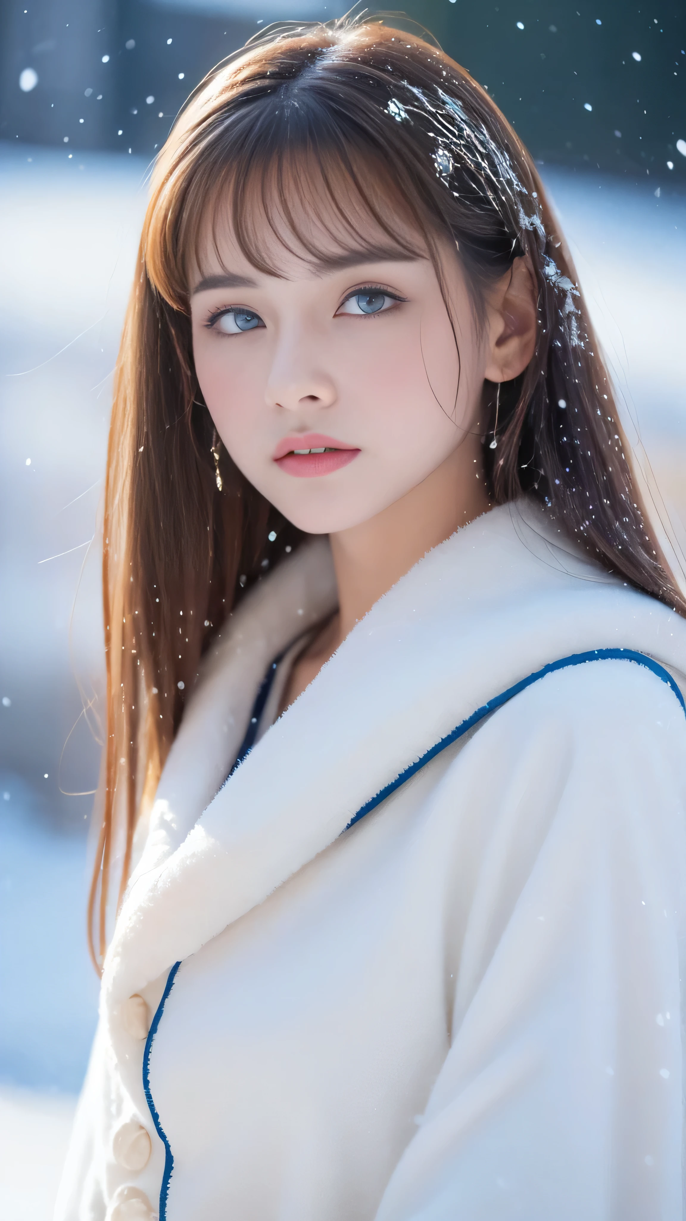A woman with long hair and a white coat in the snow - SeaArt AI