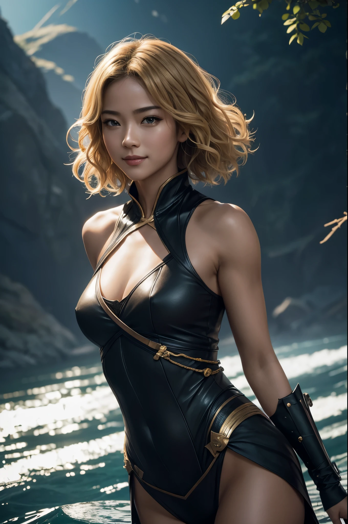 8K,A female assassin running in the night,Super beautiful(like the real thing),黒と赤の暗殺者のsexyなビキニ,adult woman,golden short perm hair,sexy,masterpiece,Photorealistic RAW photos of the highest quality。bright colors,rich colors, Backlight, cinematic lighting, film grain, to be born, 50MM lens, Nikon D850,super realistic skin,fantasy art,character art,ultra high resolution,realistic scale skin,Perfect hand shape,view audience,smile,beautiful expression,Close-up,owns a short sword,In the lake,short blonde perm hair,muscular slim body,Makeup,overlooking perspective,sexyなビキニ,