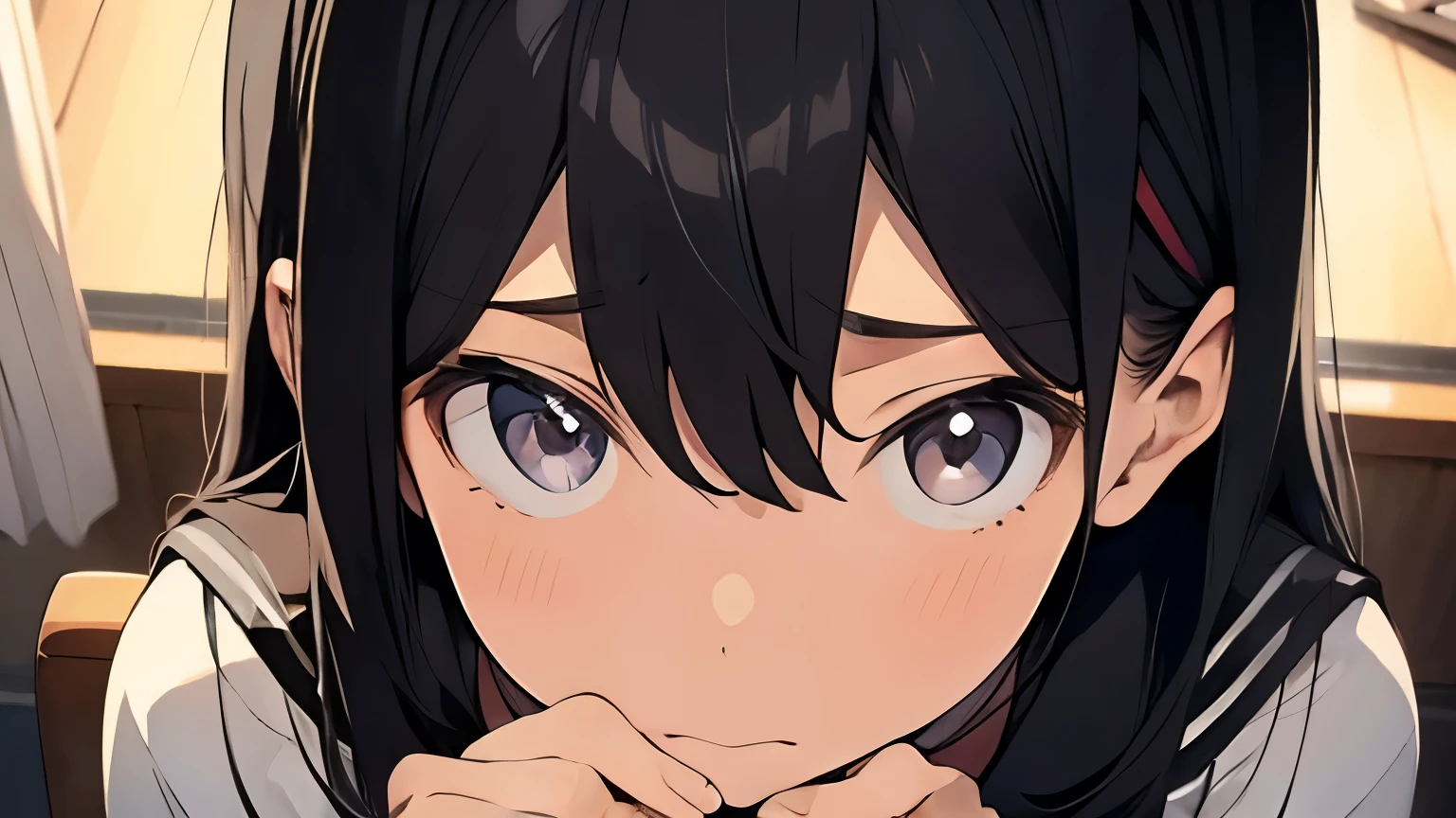 black hair、hair is long、18 year old female、chest is big、high school girl、Sarah uniform、one&#39;s home、night、sitting in a chair、shedding tears、Are crying、close up of face、