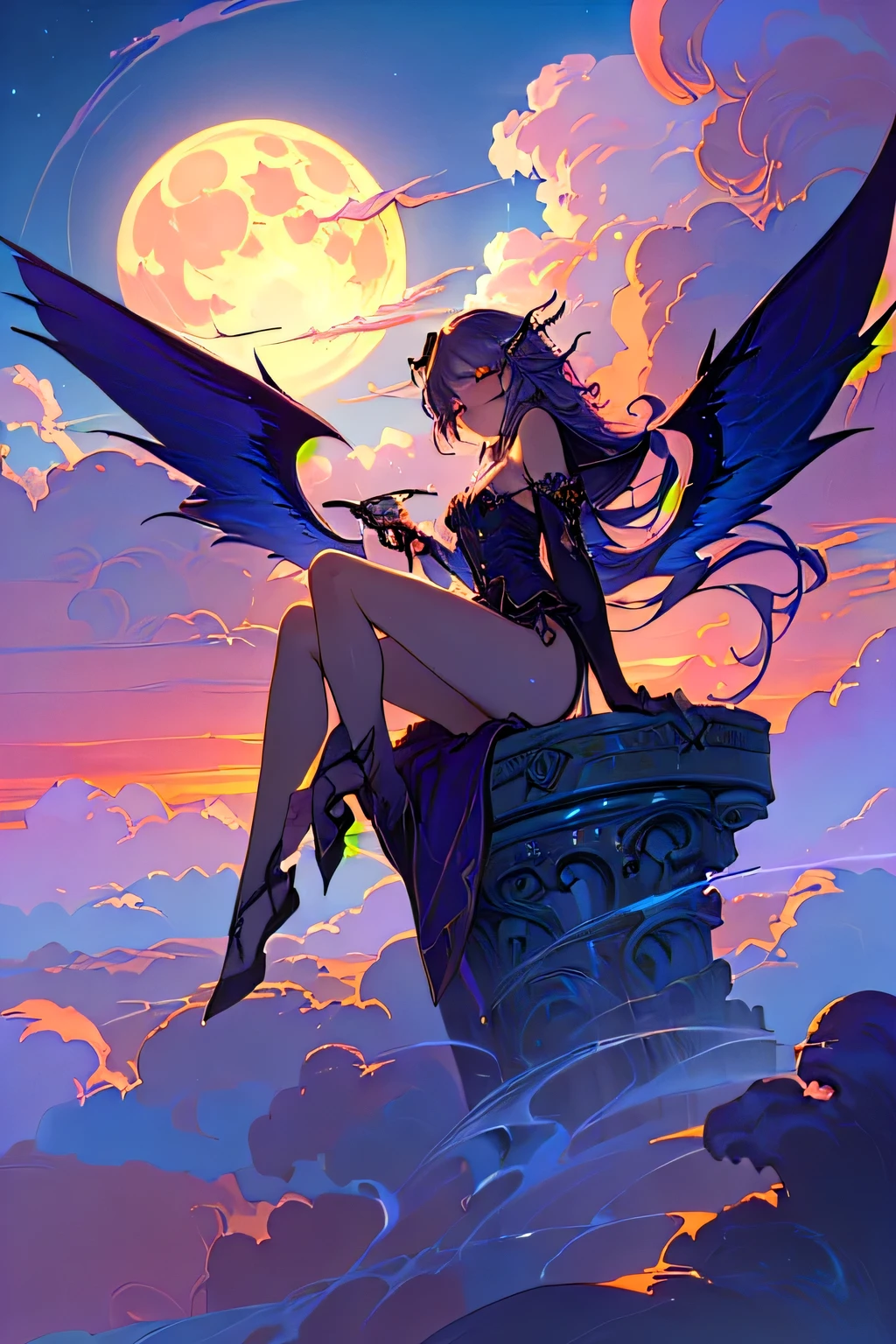 (masterpiece, best quality, highres:1.2), (intricate and beautiful:1.2), (detailed light:1.2), alluring succubus, ethereal beauty, perched on a cloud, (fantasy illustration:1.3), enchanting gaze, captivating pose, delicate wings, otherworldly charm, mystical sky, moonlit night, soft colors, (detailed cloudscape:1.3), soft moonlight passing through hair, (official art), (cinematic),