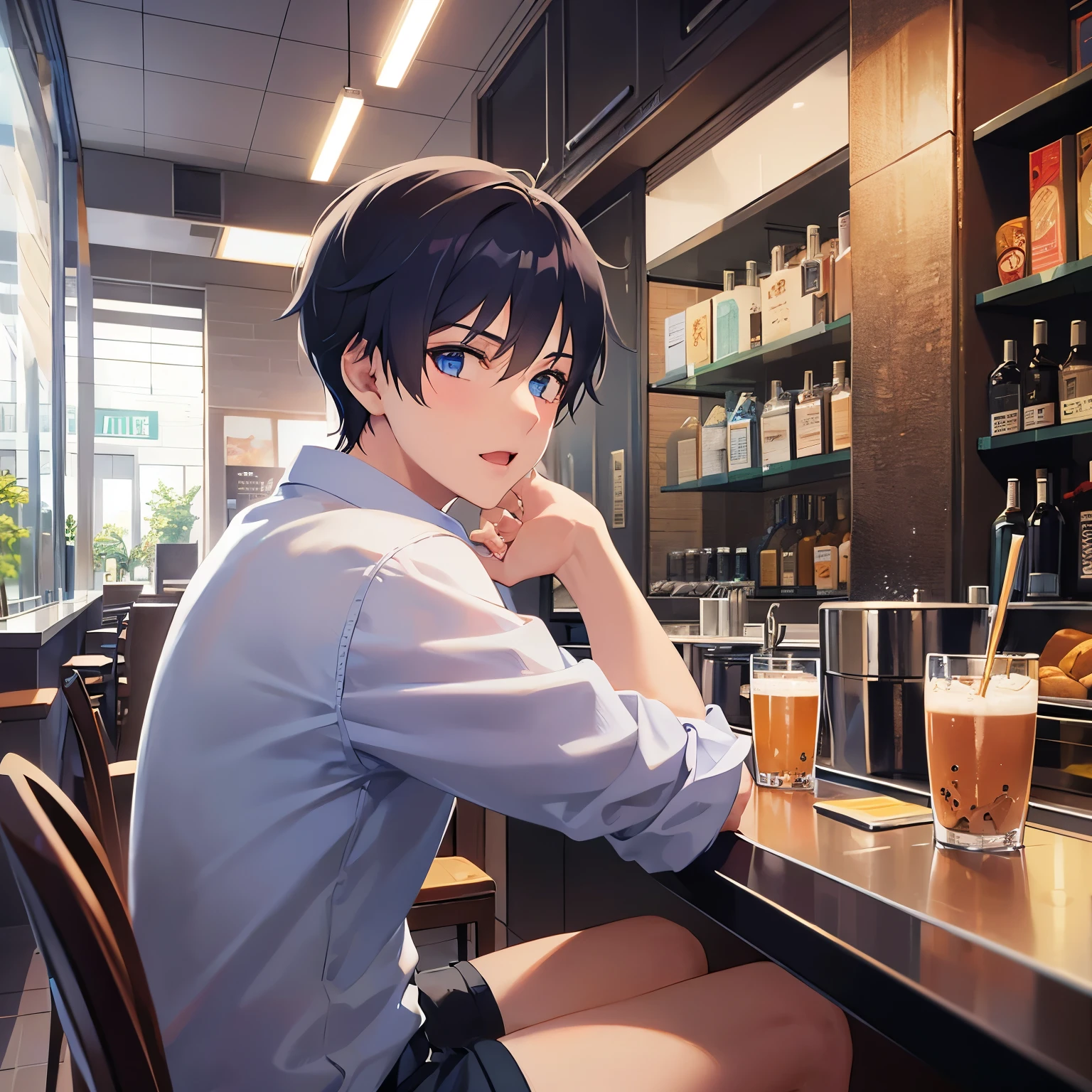 Biologically correct five fingers、side angle, (looking away:1.5), masterpiece、highest quality、(25 year old male:1.5) and (black short hair) and (blue eyes), wearing a white T-shirt、smile、(sad:1.3), open mouth, The background is the interior of the cafe.、(Alone:1.5)、sitting
