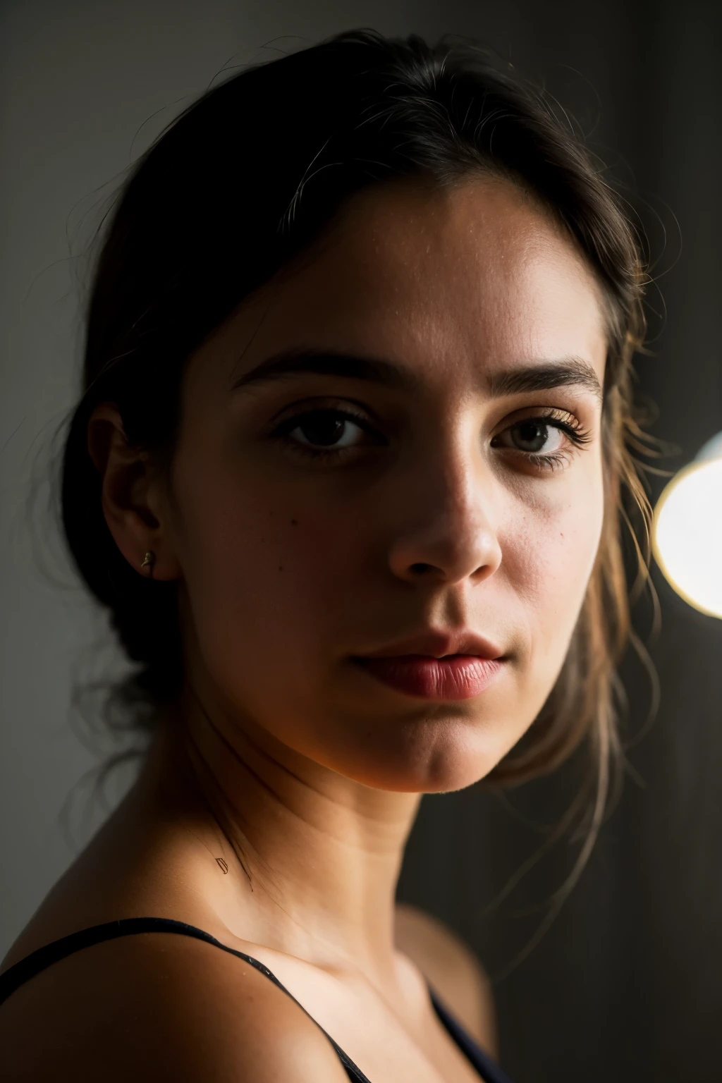 Foto CRU, foto de retrato de rosto de linda de  20 anos.oh woman, rosto fofo, usando vestido curto preto, cara sedutora, sombras duras, cinematic shot, dr lighting
