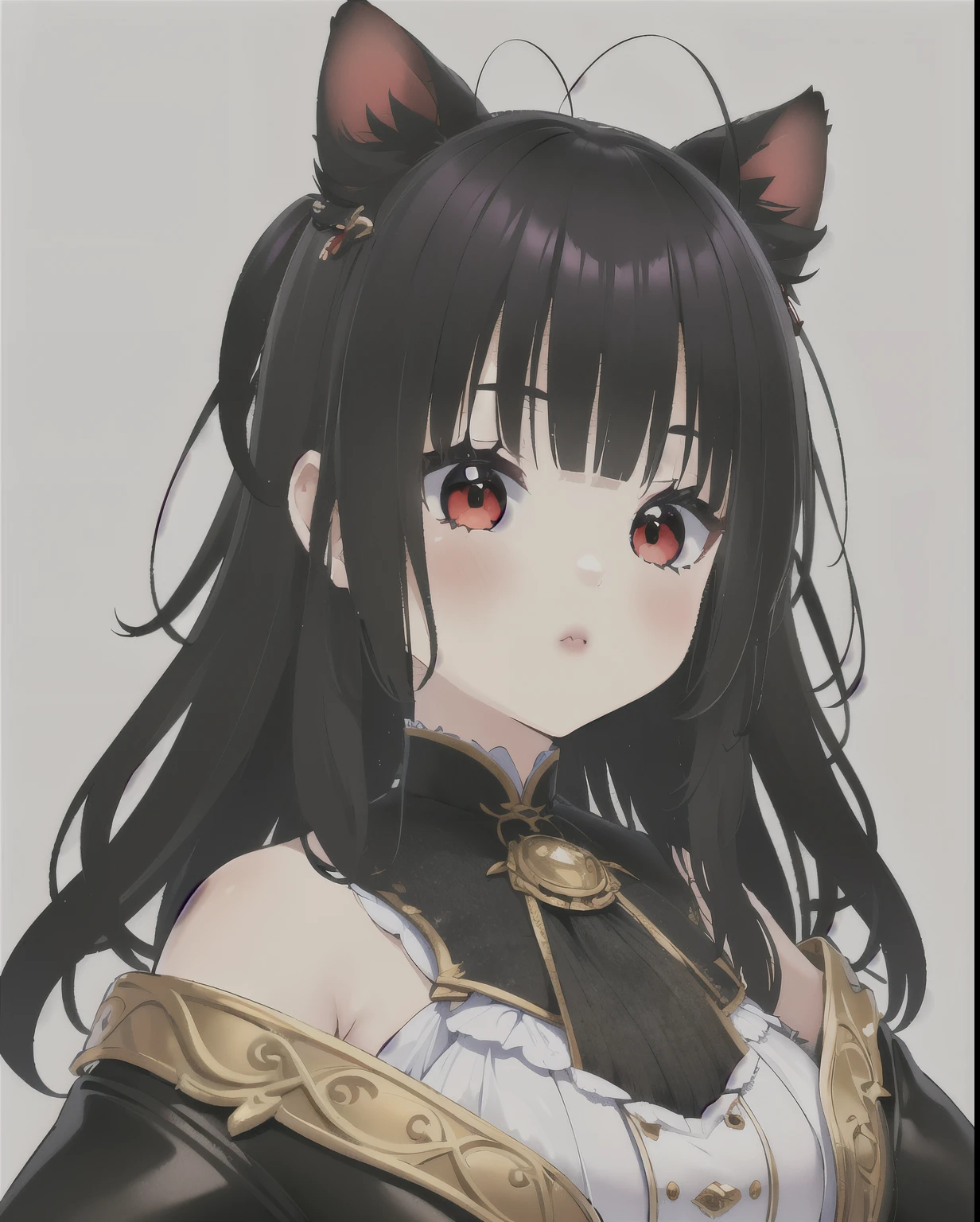 1 chica,orejas de gato ,PELO NEGRO ,ojos rojos ,cabello corto ,pelo despeinado,pelo entre los ojos ,(medio cuerpo ,de pie ,sin mangas ,hombros descubiertos ,grande ,escote)