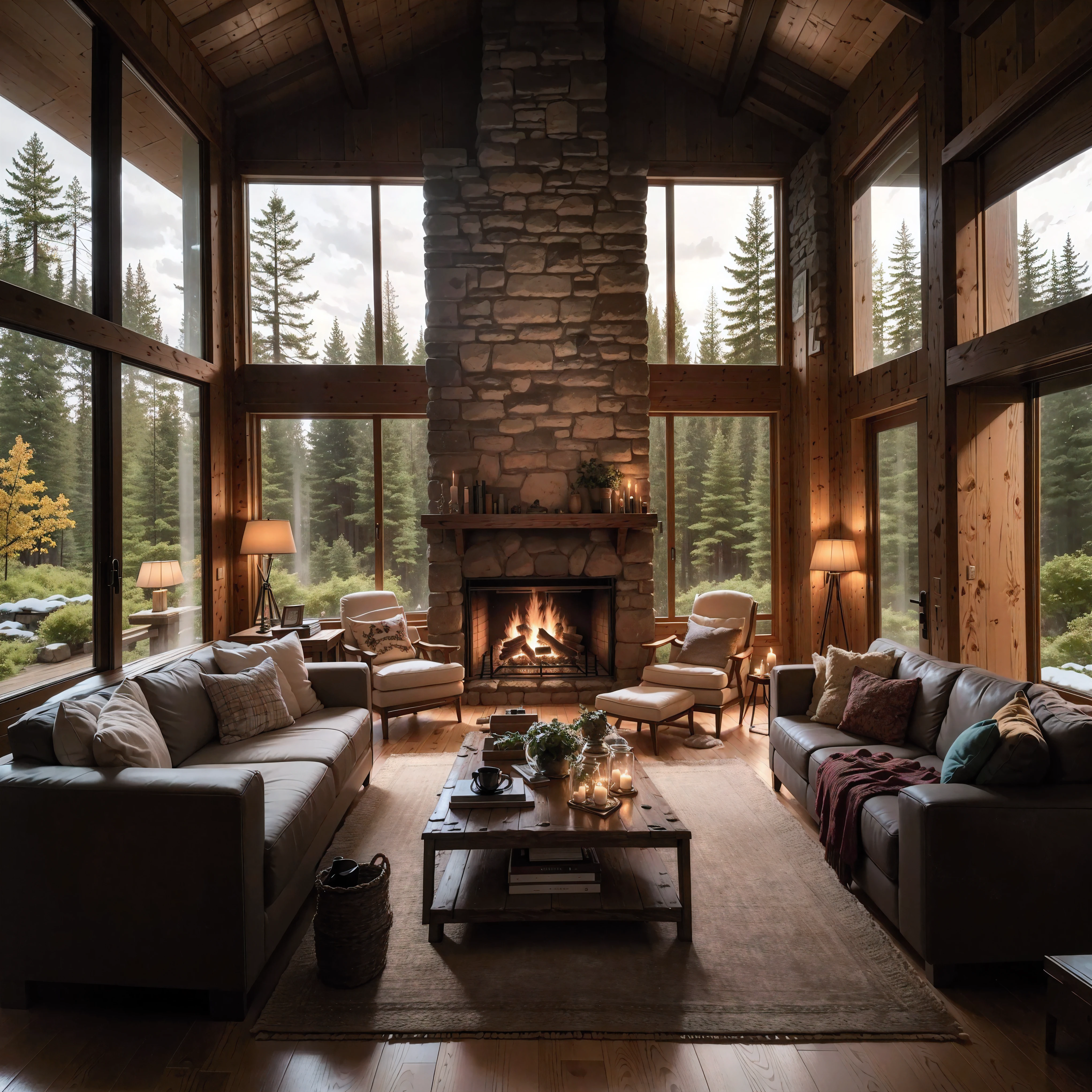 THIS EVENING WOODEN CABIN LIVING ROOM ANIME BACKGROUND, (COZY ATMOSPHERE), (SUBTLE LIGHTING), BRIGHT STONE FIREPLACE FIRE, LIONSKIN RUG THIS EVENING BEST QUALITY, TRANSPARENT GLASS WINDOWS