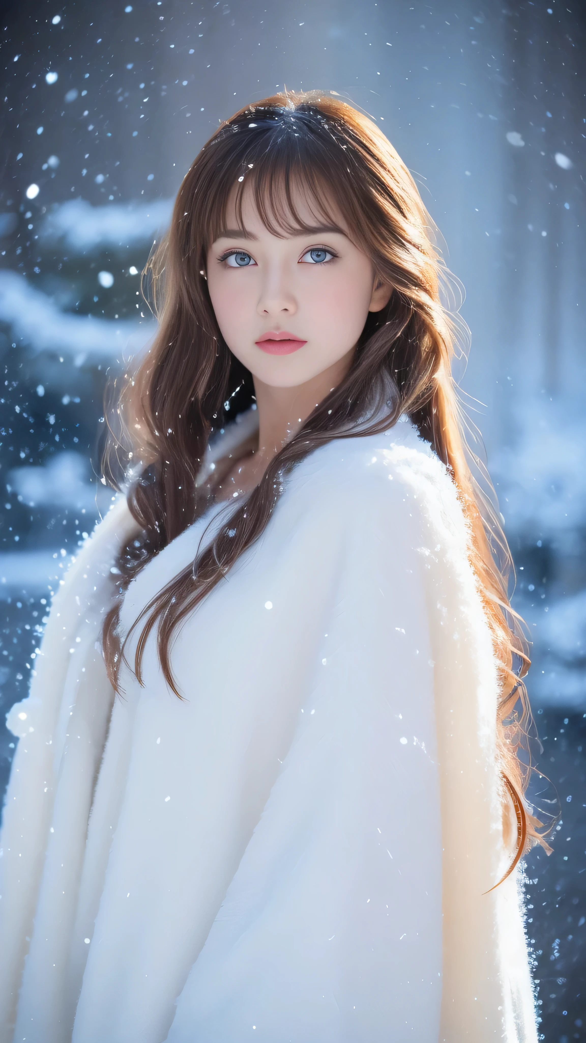 (highest quality, 8k, 32K，details are very clear),realistic, High resolution, 1 Japanese women, alone, (lolita costume)，luxurious costume，facing the audience，(Upper body，upper limbs)， beautiful eyes, brown hair, ring-shaped eyes, (outside，heavy snowfall，thick fur cape，cover with snow)，snowfield，blue eyes，highest qualityのイラスト，detailed facial features