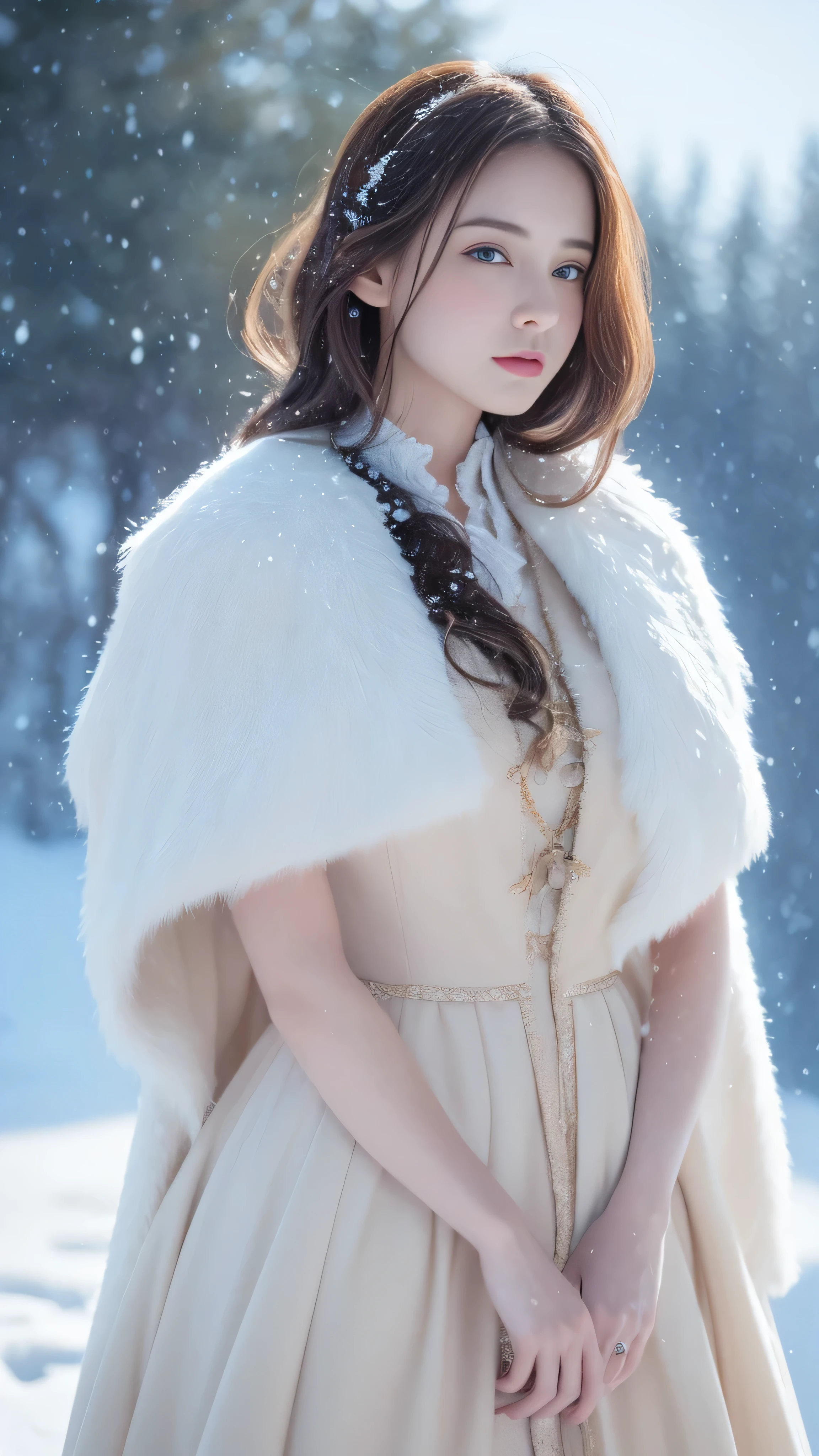(highest quality, 8k, 32K,details are very clear),realistic, High resolution, 1 Japanese women, alone, (ta costume),luxurious costume,facing the audience,(Upper body,upper limbs), beautiful eyes, brown hair, ring-shaped eyes, (outside,heavy snowfall,thick fur cape,cover with snow),snowfield,blue eyes,highest qualityのイラスト,detailed facial features