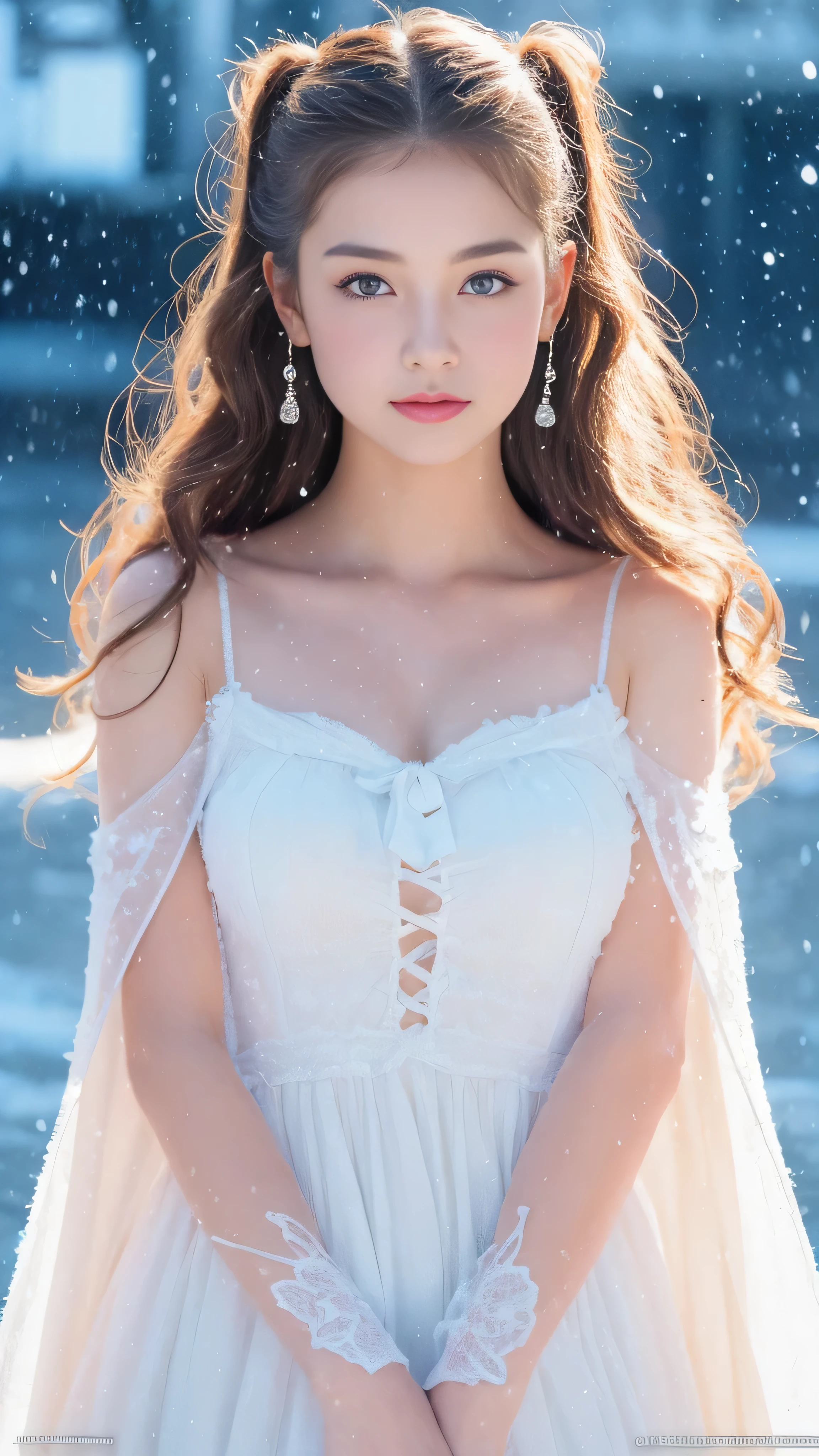 (highest quality, 8k, 32K，details are very clear),realistic, High resolution, 1 Japanese women, alone, (lolita costume)，luxurious costume，facing the audience，(Upper body，upper limbs)， beautiful eyes, brown hair, ring-shaped eyes, (outside，heavy snowfall，thick fur cape，cover with snow)，snowfield，blue eyes，highest qualityのイラスト，detailed facial features、swimsuit