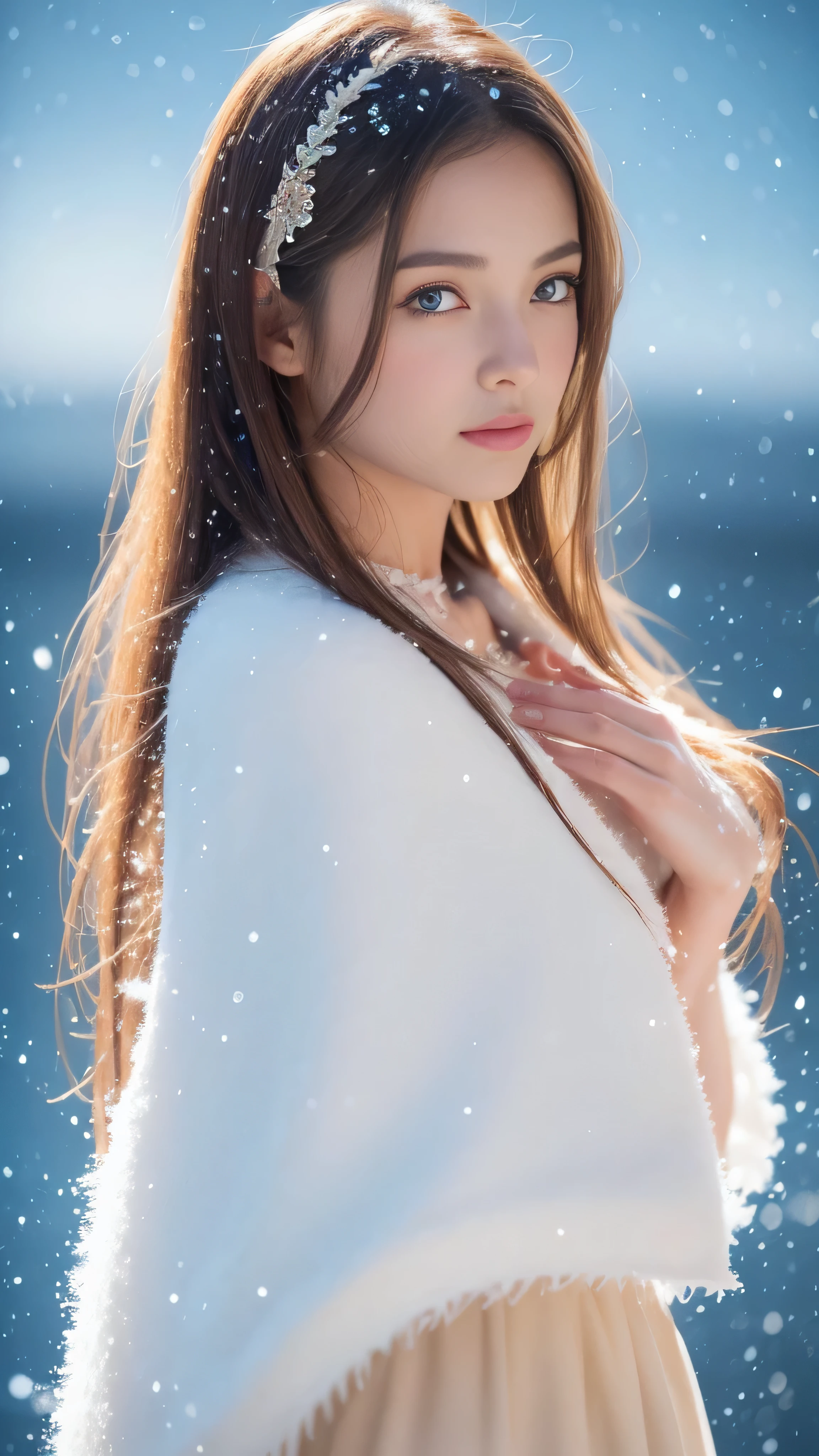 (highest quality, 8k, 32K,details are very clear),realistic, High resolution, 1 Japanese women, alone, (lolita costume),luxurious costume,facing the audience,(Upper body,upper limbs), beautiful eyes, brown hair, ring-shaped eyes, (outside,heavy snowfall,thick fur cape,cover with snow),snowfield,blue eyes,highest qualityのイラスト,detailed facial features、swimsuit