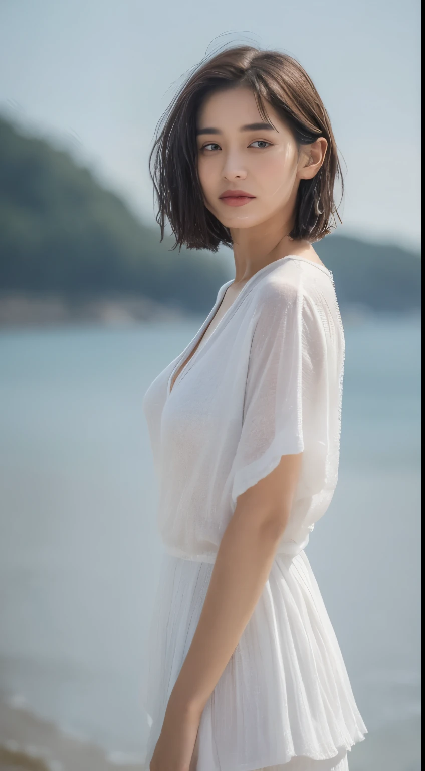 ((Best Quality, 8k, Masterpiece:1.3)), Focus:1.2, Perfect Body Beauty:1.4, Buttocks:1.2, ((Layered Haircut, Breasts:1.2)), (Wet Clothes:1.2) , (Rain, seaside:1.3), Bandeau Dress: 1.1, Highly Detailed Face and Skin Texture, Fine Eyes, Double Eyelids, Whitened Skin, Long Hair, (Shut Up: 1.3), LiuYaSe