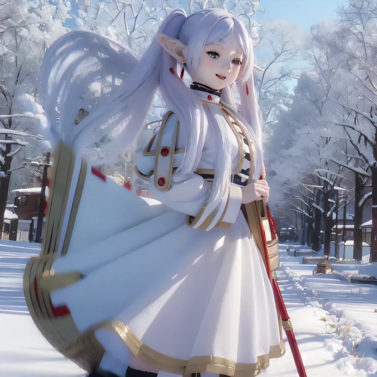A gothic lolita with white hair standing in a snowy landscape, surrounded by frozen trees. (best quality, highres, ultra-detailed), wearing a frilly black dress and lace stockings, holding a delicate umbrella with intricate lace patterns. The white hair is flowing down to her waist, contrasting with her pale skin. The scene is bathed in a cold blue color tone, with soft, ethereal lighting illuminating the snowflakes falling around her.(((((smile)))))