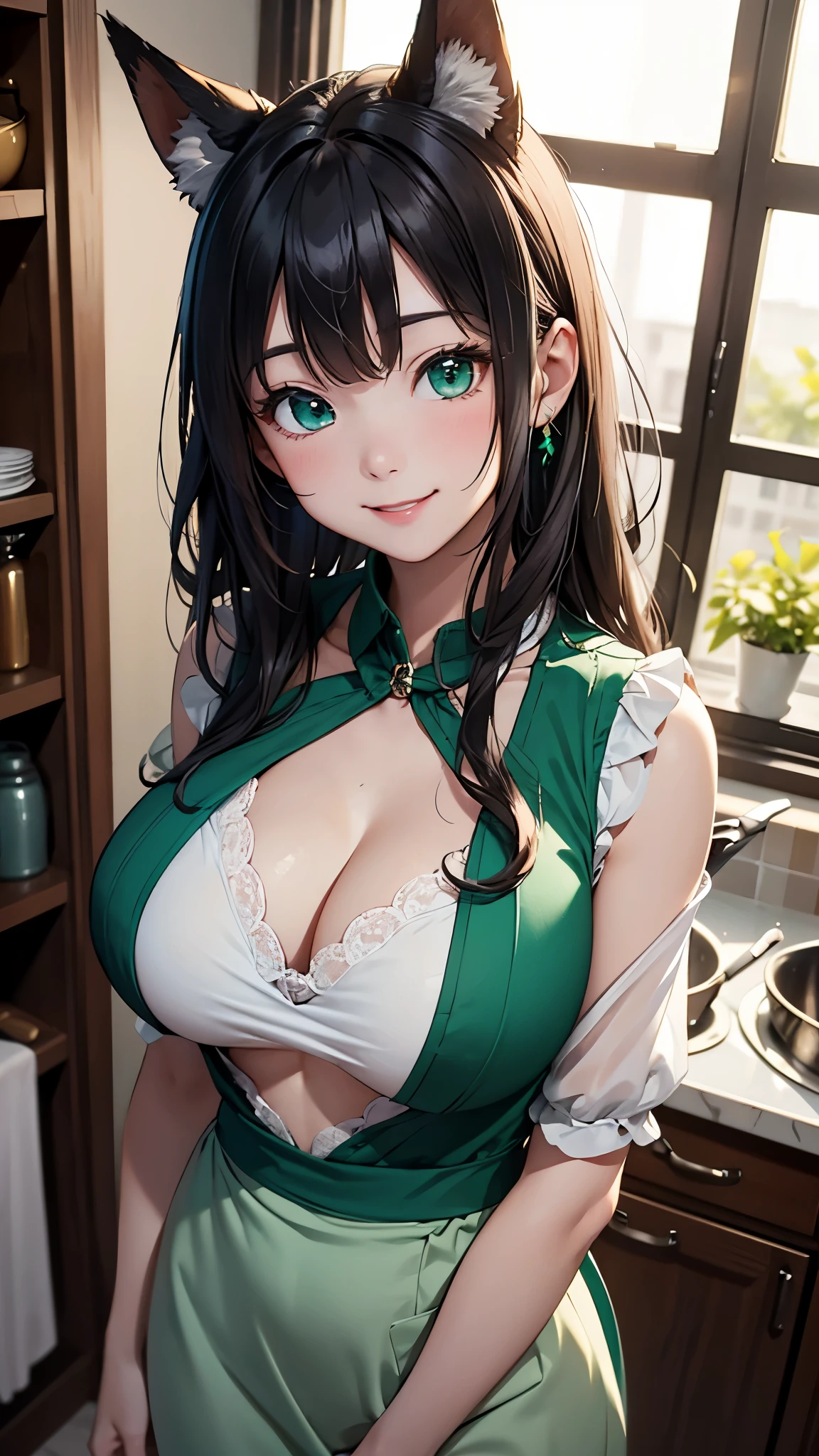 highest quality、masterpiece、8K、1 female、20-year-old、black hair、Wavy Long Hair、bangs、(fox ears)、(cute woman)、(smile)、kitchen、blouse、emerald green eyes、sparkling eyes、big bust、((from chest to head))、(Are standing)、(focus on face)、(transparent)、(pure)、aerial perspective、