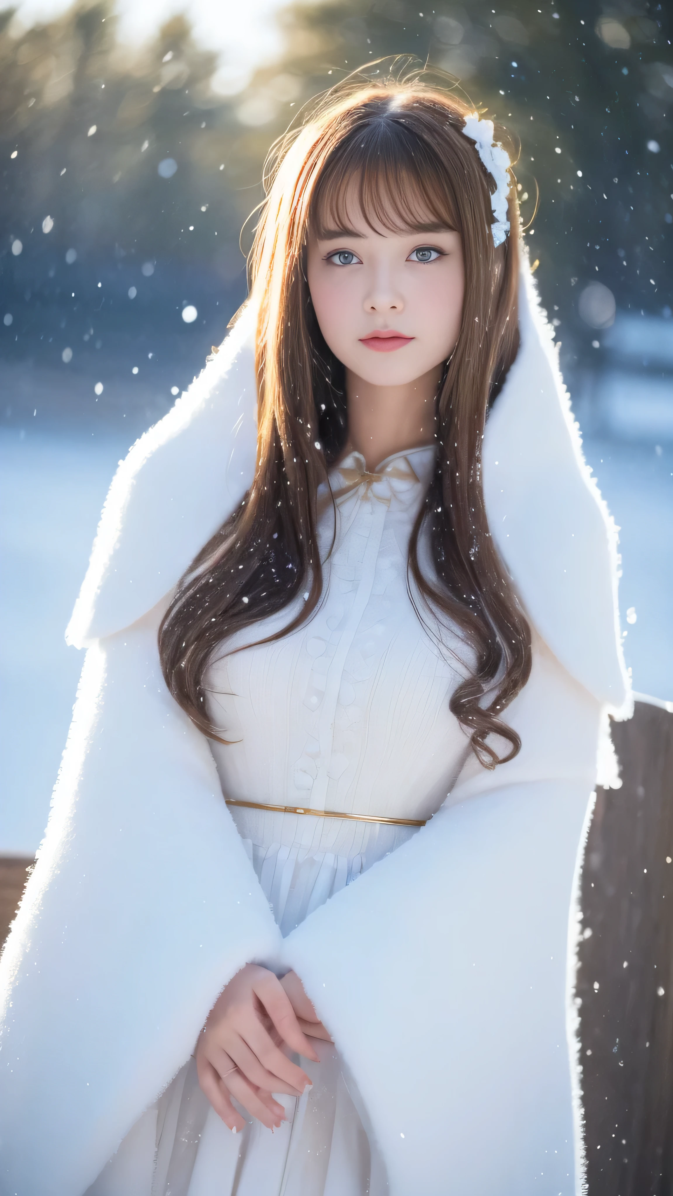(highest quality, 8k, 32K，details are very clear),realistic, High resolution, 1 Japanese women, alone, (lolita costume)，luxurious costume，facing the audience，(Upper body，upper limbs)， beautiful eyes, brown hair, ring-shaped eyes, (outside，heavy snowfall，thick fur cape，cover with snow)，snowfield，blue eyes，highest qualityのイラスト，detailed facial features、swimsuit