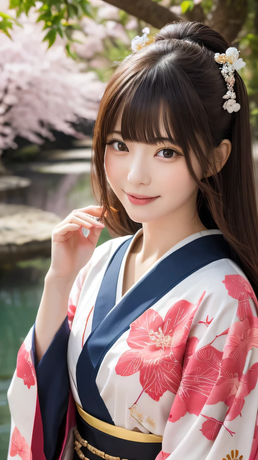In a futuristic scene, Mechanically enhanced Japanese geisha、Elegant in an elaborate garden. She has beautifully detailed eyes and lips that complement her face. Geishas wear traditional kimonos with intricate patterns and designs.。.。14 year old girl.. Around her are bright cherry blossoms and a quiet carp pond. The scenes are drawn using a combination of illustration and photorealism, cherry blossoms吹雪,Highly detailed brush strokes and sharpness, bright colors. Lighting that highlights the graceful figure of a geisha, Gives your skin a soft porcelain-like glow。. Artwork is of the highest quality, Displaying the exquisite details of geisha costumes, cherry blossoms, With sparkling carp scales. The overall color scheme is、、、traditional Japanese color combinations, crimson, hang on., black people, With subtle gold accents, with a futuristic twist. Fusion of ancient tradition and modern technology、、Create mesmerizing and visually impressive masterpieces.The background is a traditional Japanese design in bright red and white.、random pose、I'm smiling