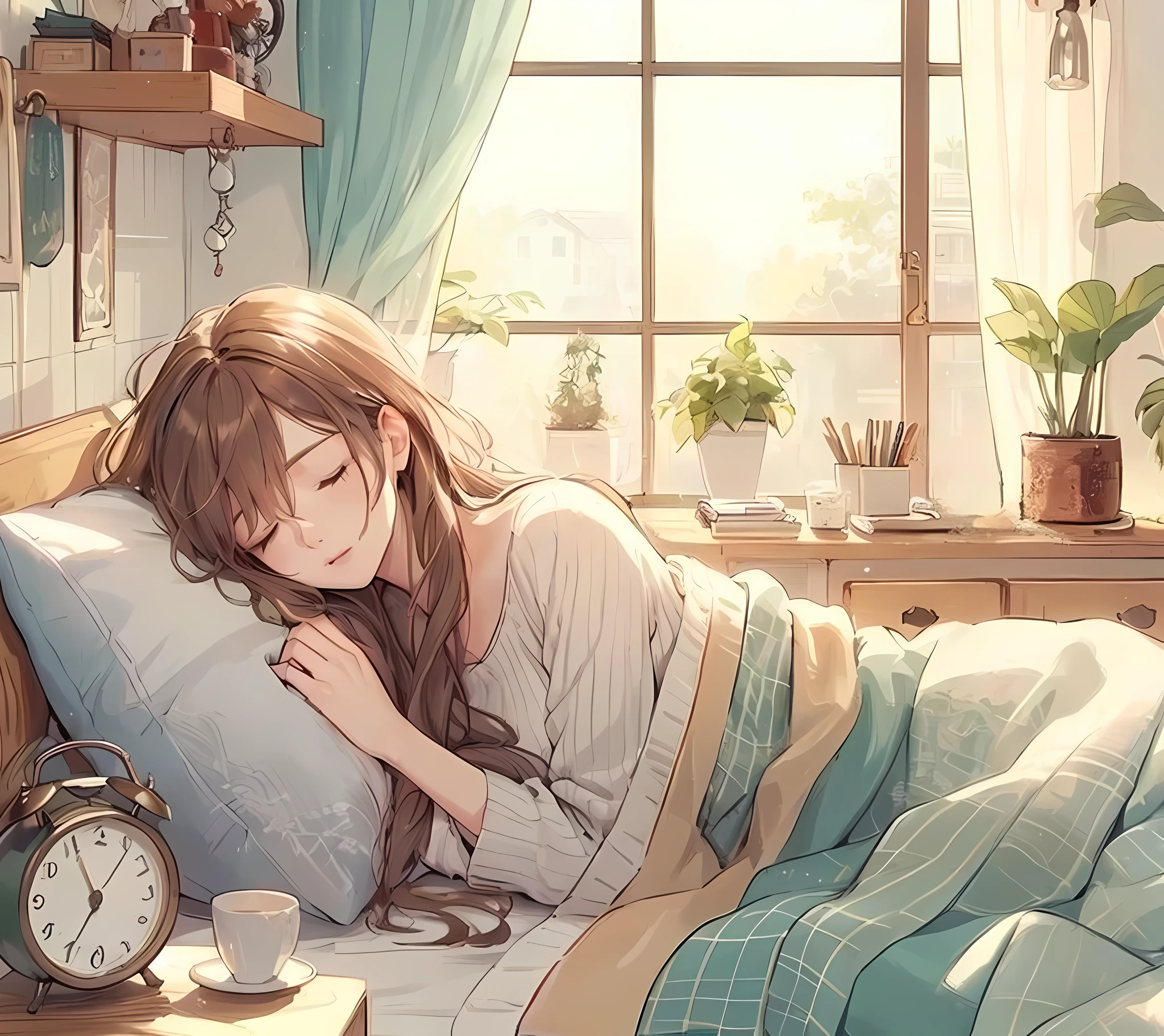 1lady solo, (from above), (sleeping sideways:1.2), (head on pillow), (blanket:1.1), mature female, /(light brown hair/), (messy hair), (eyes lightly closed:1.1), (light smile:0.5), (closed mouth), (masterpiece best quality:1.2) delicate illustration ultra-detailed, medium breasts BREAK (modern house bedroom) indoors, (alarm clock) (8 am), (morning) sunlight, curtain window