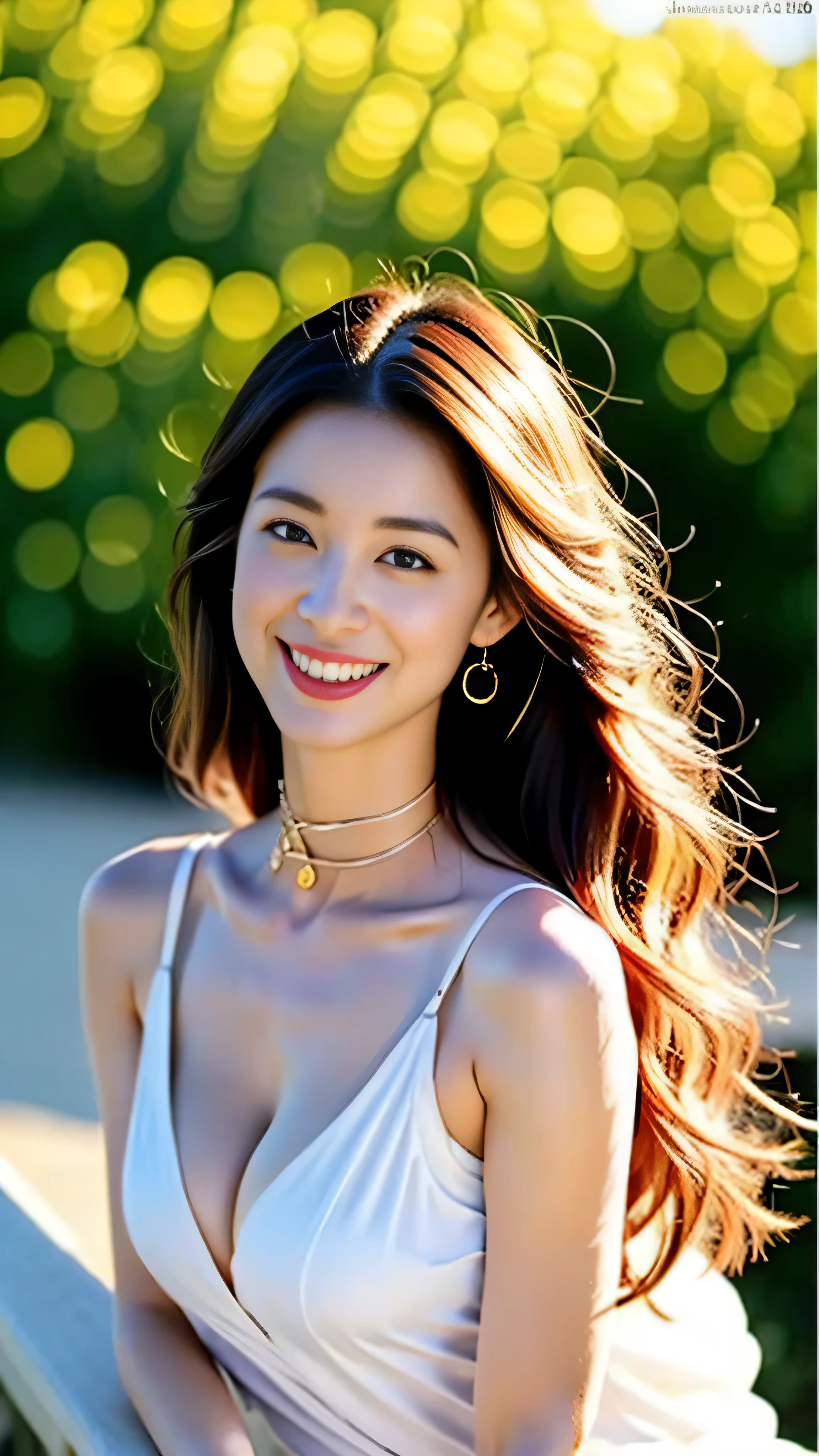 (((draw only one woman: 2))), (Large cruisers sailing at sea)、(Beautiful Russian woman sitting in a deckchair on the deck:1.3)、(Beautiful Magic Hour Sunset)、Beautiful woman wearing a fashionable resort dress、(( 1 screen))、(8k:1.5), RAW shooting, highest quality photos, masterpiece, nice realistic photos, ((anatomically correct proportions : 1.5)), ((perfect proportions)), beautiful woman like russian actress, small face、detailed face, fine eyes, narrow nose, finger details, fine arms, fine skin, leg details, (shiny long hair)、laugh happily、Angle from the side、22 year old beauty、choker、earrings、bracelet, (The model is in perfect focus:1.2)