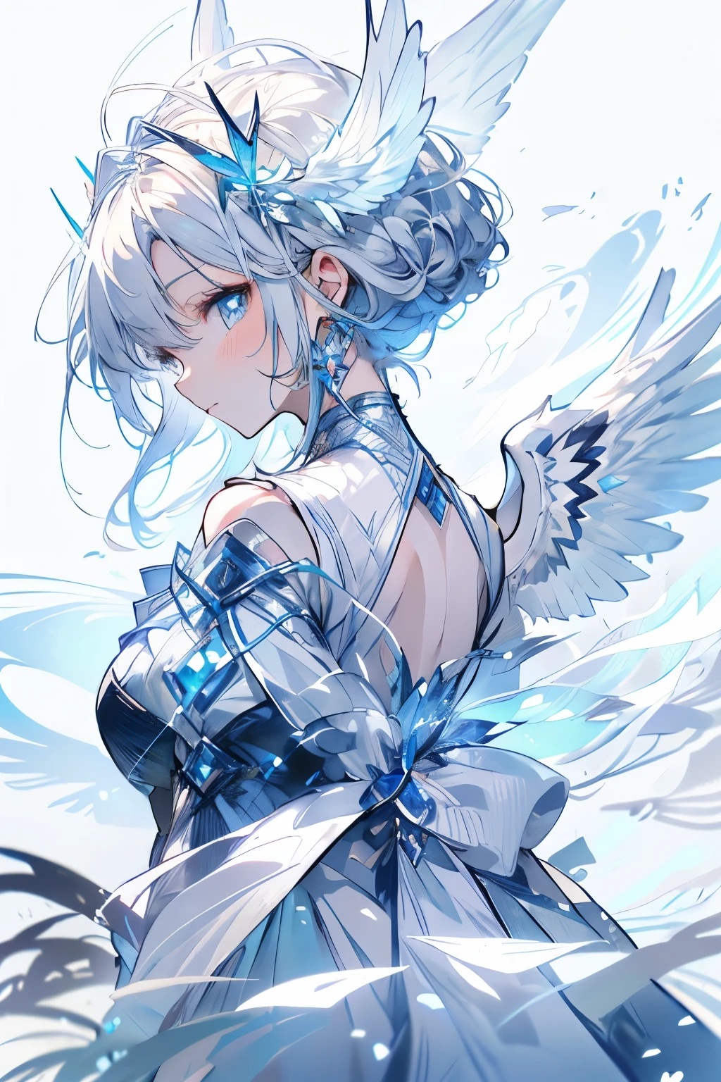 (white background:1.4),(white dirt road, oriental elements),(nature illustration spring:1.3,paper art:1.3, キルティングpaper art:1.2),( reasonable design, clear lines, High sharpness,highest quality, very detailed, table top, movie lighting effects, 4k )、(light blue dress:1.2)、(the presence of wings on the back:1.4)light blue dress、light blue clothes、shoulder light blue dress、light blue dress with cute design、Wind、With background、White feathers fly off、very white hair、length、Angel wings on my back、light blue theme、Beautiful wings extending from behind、slight smile、best smile、Angel wings extending from the back、facing the front、girl in front