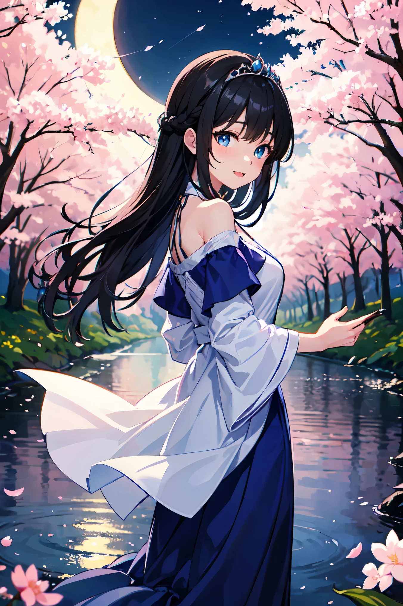 highest quality、very delicate and beautiful、masterpiece、night、full moon、18-year-old 、Japanese、、black haired、blue eyes、shiny skin、valley、blue dress、off shoulder、Tiara on the head、laughter、standing、backwards、Prickett、Pond in the background、forest、cherry blossoms