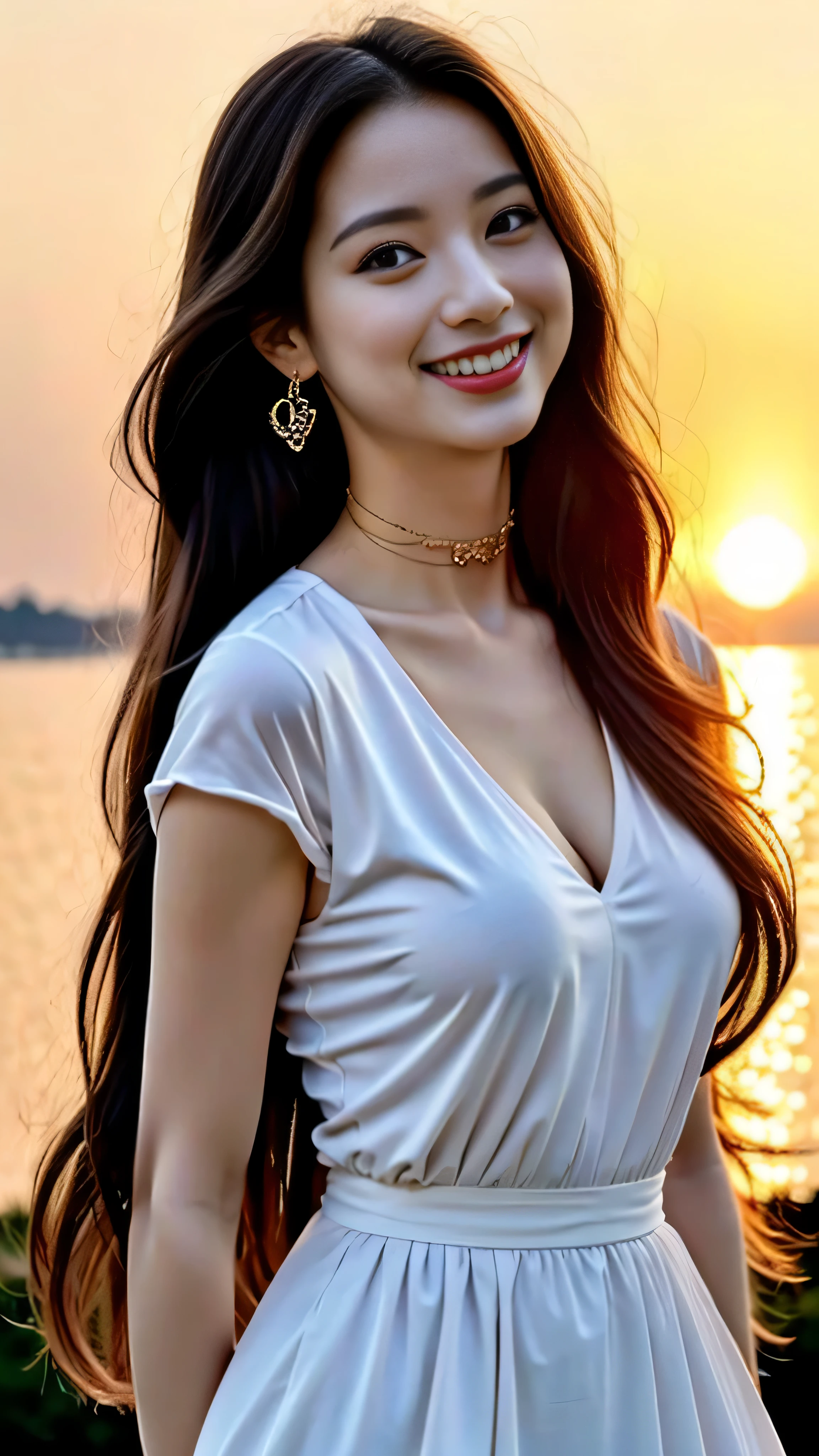(((draw only one woman: 2))), (Large cruisers sailing at sea)、(Beautiful Russian woman sitting in a deckchair on the deck:1.3)、(Beautiful Magic Hour Sunset)、Beautiful woman wearing a fashionable resort dress、(( 1 screen))、(8k:1.5), RAW shooting, highest quality photos, masterpiece, nice realistic photos, ((anatomically correct proportions : 1.5)), ((perfect proportions)), beautiful woman like russian actress, small face、detailed face, fine eyes, narrow nose, finger details, fine arms, fine skin, leg details, (shiny long hair)、laugh happily、Angle from the side、22 year old beauty、choker、earrings、bracelet, (The model is in perfect focus:1.2)