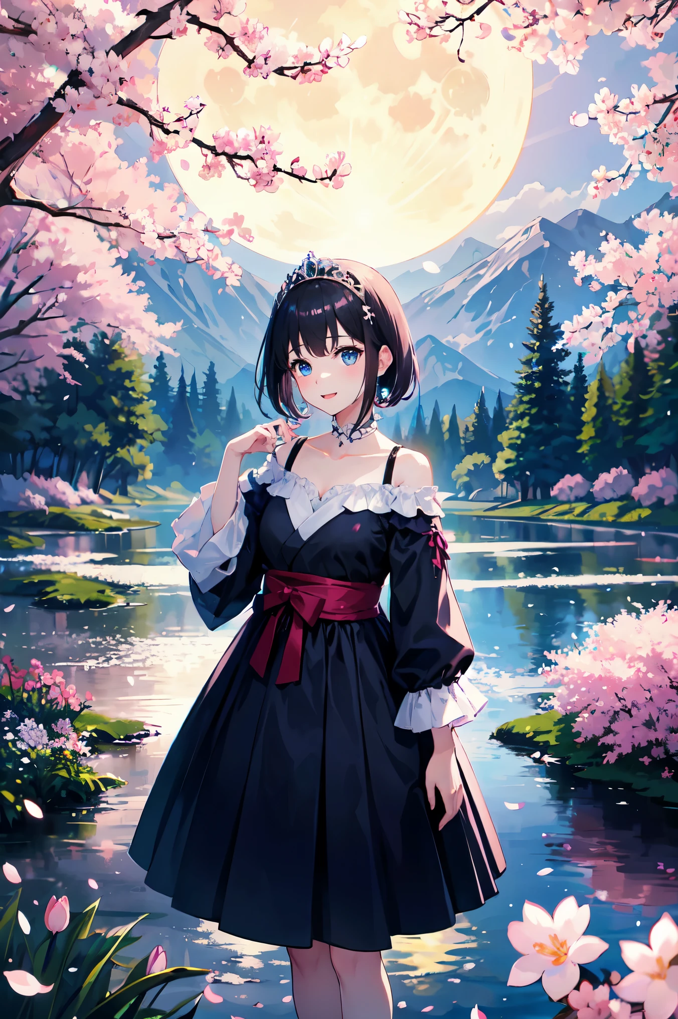 highest quality、very delicate and beautiful、masterpiece、night、full moon、18-year-old 、Japanese、、black haired、blue eyes、shiny skin、valley、blue dress、off shoulder、Tiara on the head、laughter、standing、backwards、Prickett、Pond in the background、forest、cherry blossoms