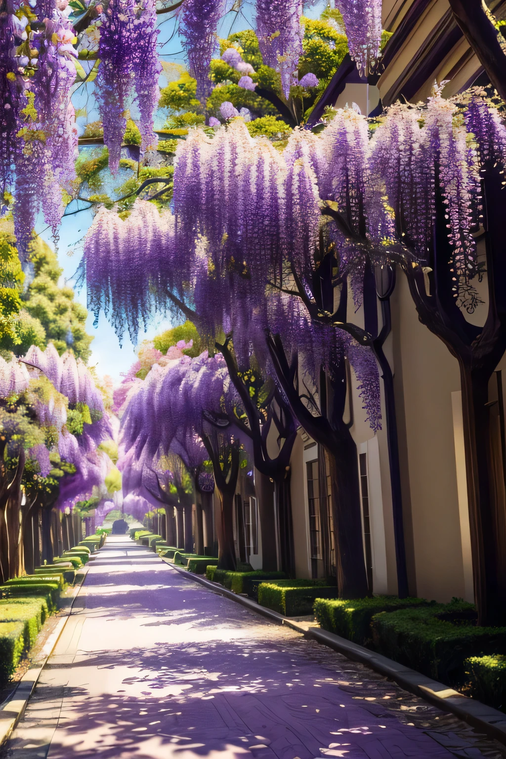 Spring morning,
Wisteria avenue with purple flowers, intense sunlight streaming in, (avenue of wisteria trees), view from below,
(Masterpiece), (Best Quality), (Ultra high Detailes)