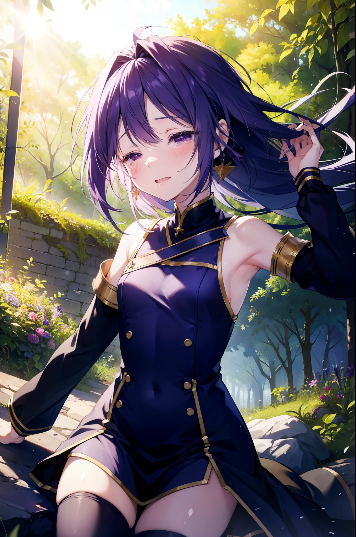 yuukikonno, Yuki Konno, hair band, long hair, pointed ears, purple hair, (small breasts:1.2), open your mouth,crying with both eyes closed,tears run down her face,cry a lot,Light of the sun,Clear skies,
break black Thighhighs, removed sleeve, Thighhighs, dress, purple dress, armor, purple armor,
break looking at viewer, Upper body, full body,
break outdoors, forest, nature,
break (masterpiece:1.2), highest quality, High resolution, unity 8k wallpaper, (figure:0.8), highly detailed face, perfect lighting, Very detailed CG, (perfect hands, perfect anatomy),