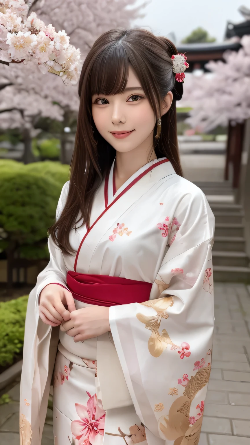 In a futuristic scene, Mechanically enhanced Japanese geisha、Elegant in an elaborate garden. She has beautifully detailed eyes and lips that complement her face. Geishas wear traditional kimonos with intricate patterns and designs.。.。14 year old girl.. Around her are bright cherry blossoms and a quiet carp pond. The scenes are drawn using a combination of illustration and photorealism, cherry blossoms吹雪,Highly detailed brush strokes and sharpness, bright colors. Lighting that highlights the graceful figure of a geisha, Gives your skin a soft porcelain-like glow。. Artwork is of the highest quality, Displaying the exquisite details of geisha costumes, cherry blossoms, With sparkling carp scales. The overall color scheme is、、、traditional Japanese color combinations, crimson, hang on., black people, With subtle gold accents, with a futuristic twist. Fusion of ancient tradition and modern technology、、Create mesmerizing and visually impressive masterpieces.The background is a traditional Japanese design in bright red and white.、random pose、I'm smiling、Kimono with delicate pattern