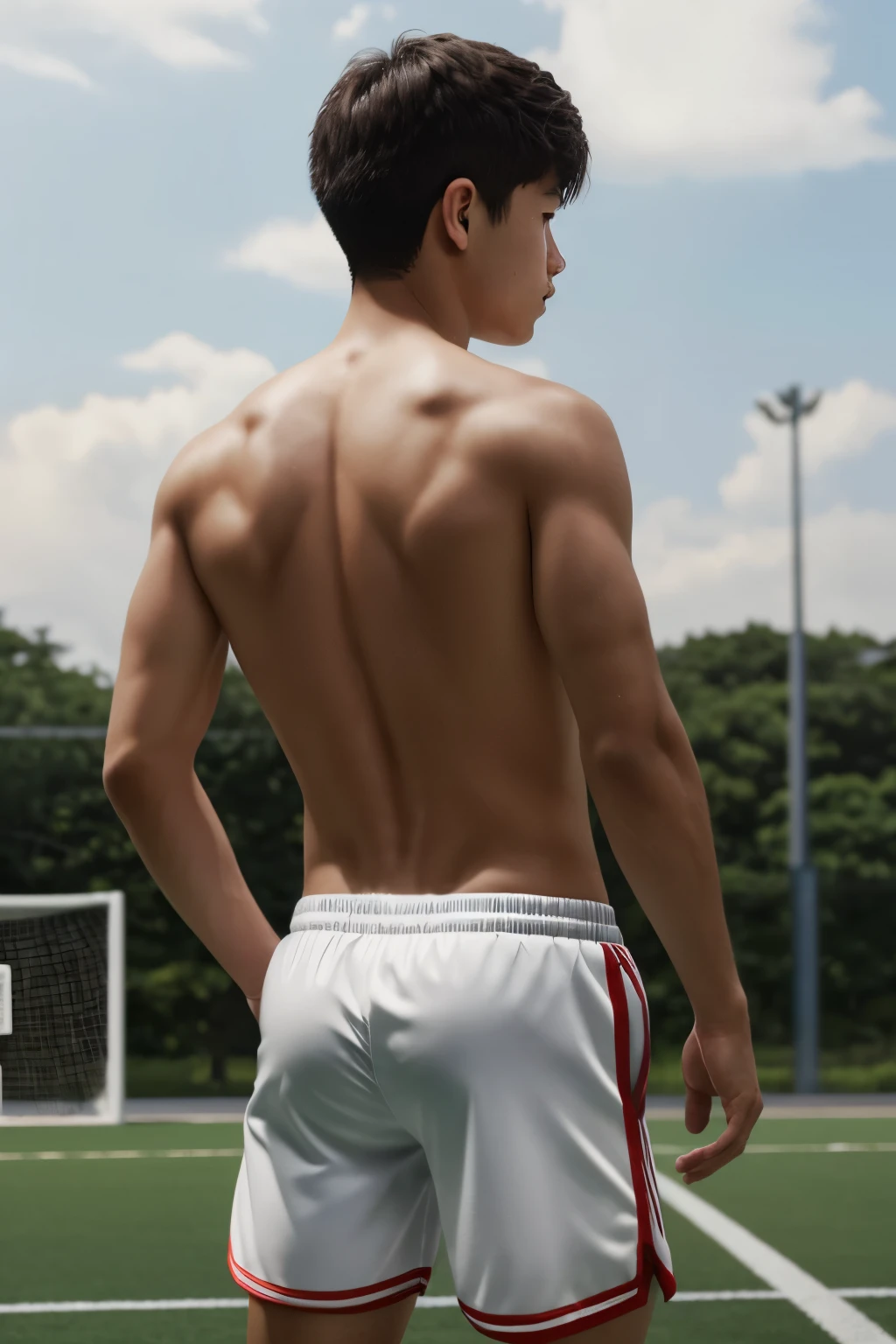 (highres,ultra-detailed),(photorealistic,realistic:1.37), boy in Japan, cute, shirtless, wearing soccer shorts, facing camera with his backside