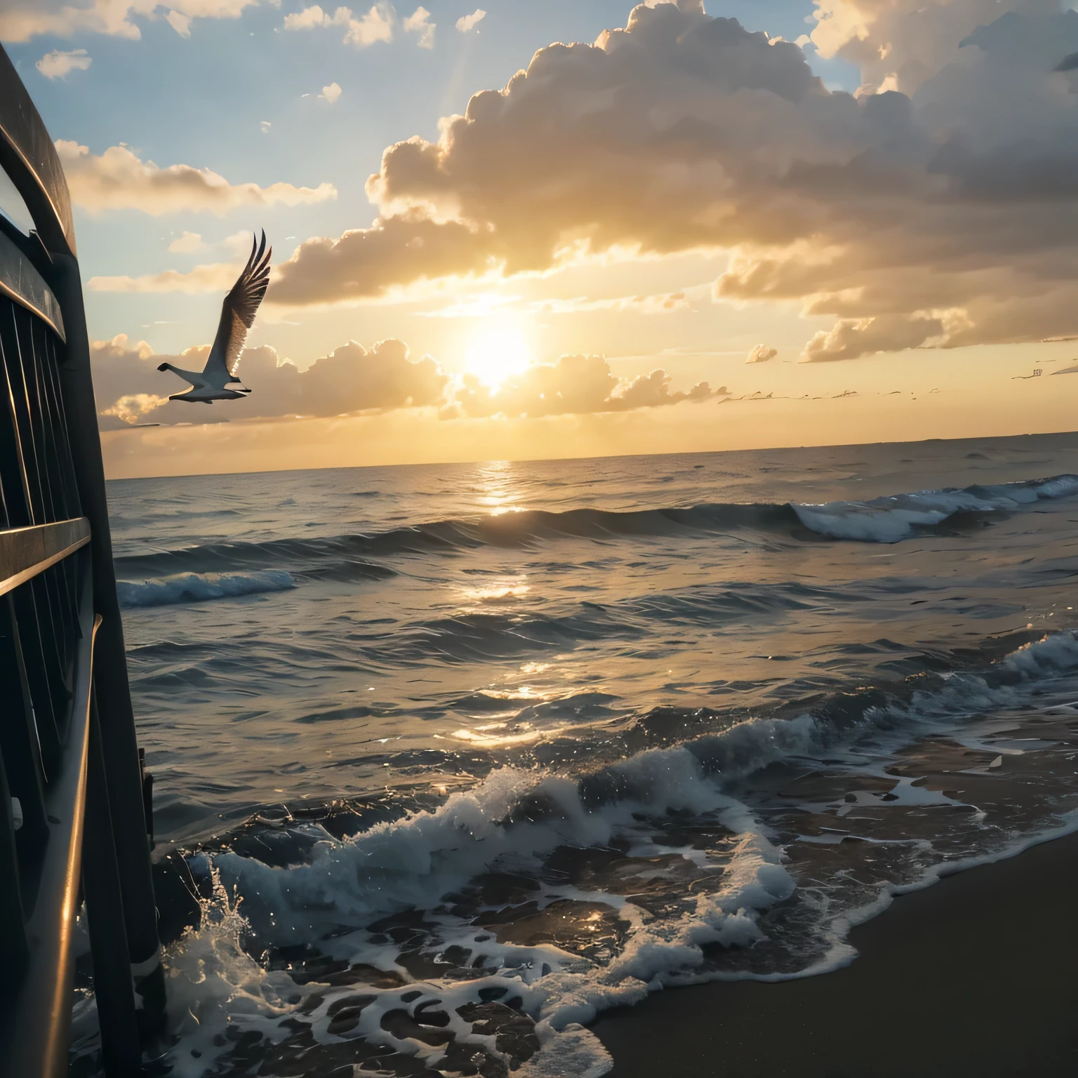 sunrise at sea,There are seagulls,There is a sunset