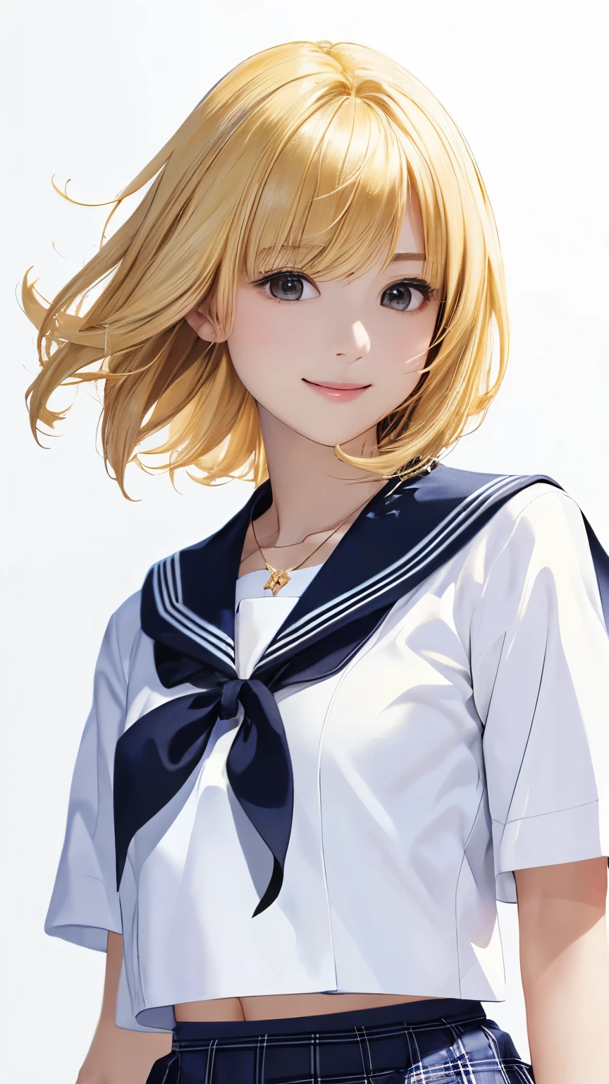 (highest quality、8K、32k、masterpiece)、(realistic)、(Photoreal:1.2)、(High resolution)、Super detailed、very beautiful face and eyes、1 girl、round and small face、thin waist、delicate body、(close、highest quality、high detail、Rich skin details)、(highest quality、8K、oil paint:1.2)、Super detailed、(realistic、realistic:1.37)、bright colors、(((blonde)))、(((bust shot)))、(((medium hair)))、(((pure white wall background)))、(((pure white wall background)))、(((wear a sailor suit)))、(((Wearing a short-sleeved sailor suit)))、(((look straight ahead)))、(((私はgolden hair)))、(((Wearing a star-shaped necklace)))、(((wearing a sailor suit)))、(((golden hair)))、(((I&#39;m pushing up my bangs with my right hand.)))、(((smile)))、(((plaid pleated skirt)))、(((mini skirt)))、