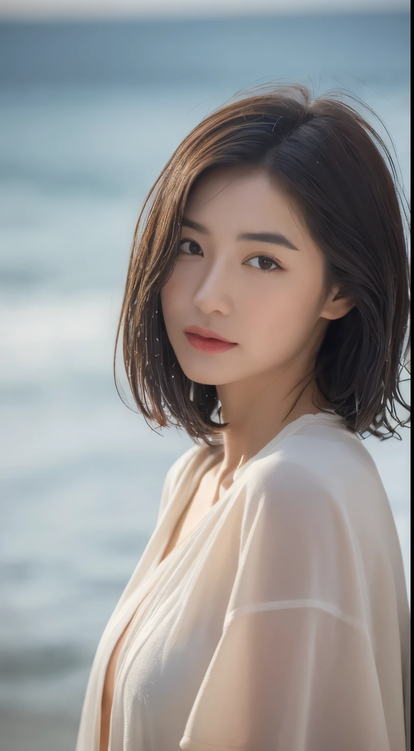 ((Best Quality, 8k, Masterpiece:1.3)), Focus:1.2, Perfect Body Beauty:1.4, Buttocks:1.2, ((Layered Haircut, Breasts:1.2)), (Wet Clothes:1.2) , (Rain, seaside:1.3), Bandeau Dress: 1.1, Highly Detailed Face and Skin Texture, Fine Eyes, Double Eyelids, Whitened Skin, Long Hair, (Shut Up: 1.3), LiuYaSe