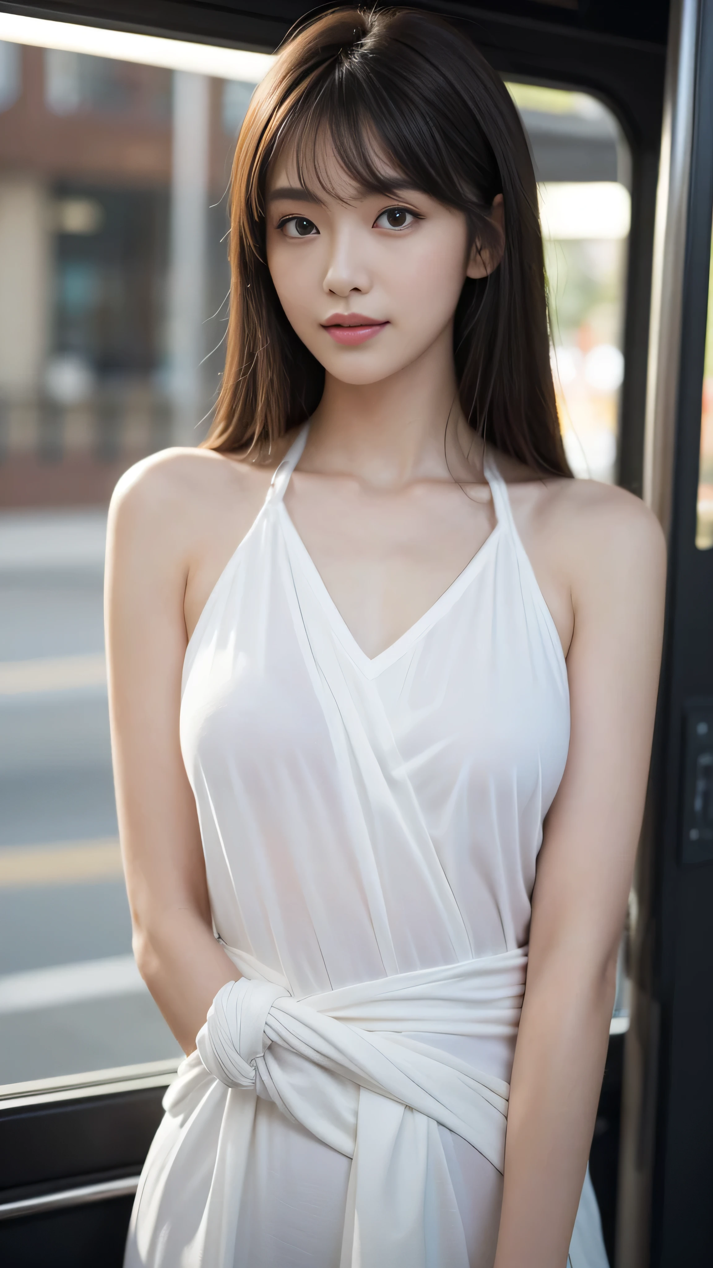 1 girl, white dress, cute, charming eyes, thin waist, extreme detail description, beautiful, charming, delicate face, delicate figure, delicate collarbone, cute lips, masterpiece, 4k, 8k, fine detail, super high resolution, best quality, hd, complex details, large file size, amazing, depth of field, natural shadow, (85mm, f/1.4, iso 200, 1/600:0.75), (full body: 1.3)