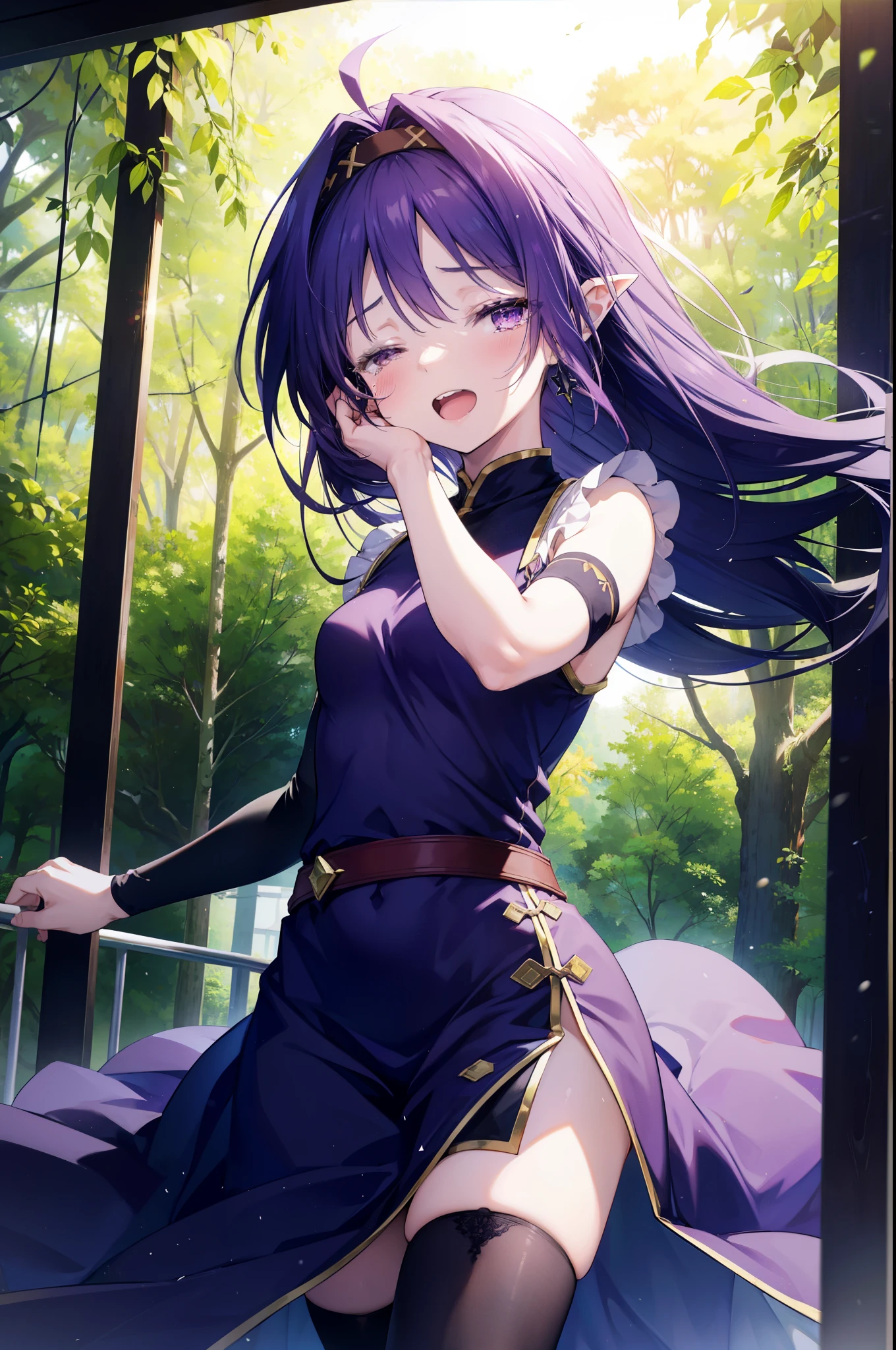 yuukikonno, Yuki Konno, hair band, long hair, pointed ears, purple hair,  (small breasts:1.2), open your mouth,crying with both eyes closed,tears run down her face,cry a lot,Light of the sun,Clear skies,
break black Thighhighs, removed sleeve, Thighhighs, dress, purple dress, armor, purple armor,
break looking at viewer, Upper body, full body,
break outdoors, forest, nature,
break (masterpiece:1.2), highest quality, High resolution, unity 8k wallpaper, (figure:0.8), highly detailed face, perfect lighting, Very detailed CG, (perfect hands, perfect anatomy),