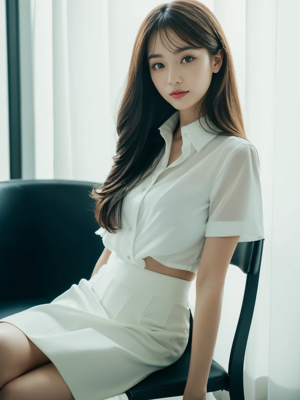 ((top-quality, 8K, masterpiece:1.3)), beautiful Girl, pure, Melon face, gentle and cute, A sweet smile, pure lust, slender figure, (The upper part of the body), (frontage), (tilted head), Look directly at the camera, Uniforms, white shirt, blue skirt, obi, Formal, Black silky long hair, long hair flowing over the shoulders, gesture of folding arms, round black big eyes, clear big eyes, Wet red lips, Dolce, sitting on the a room Chair, Window background,