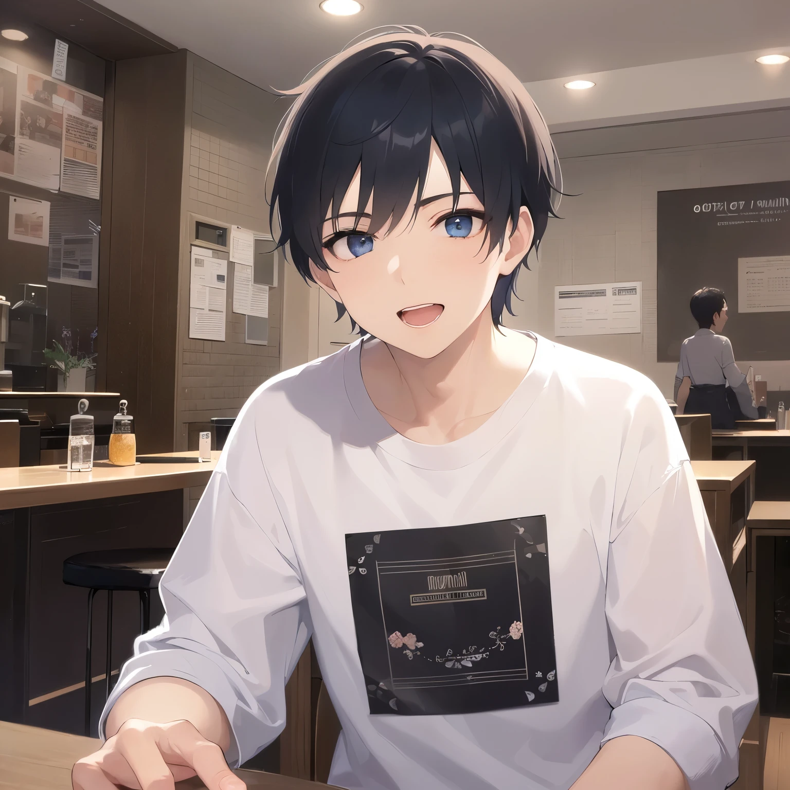 masterpiece、highest quality、(25 year old male:1.5) and (black short hair) and (blue eyes), wearing a white T-shirt、smile、(sad:1.3), open mouth, The background is the interior of the cafe.、(Alone:1.5)、sitting
